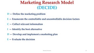 Marketing Research Model
(DECIDE)
D — Define the marketing problem
E — Enumerate the controllable and uncontrollable decision factors
C — Collect relevant information
I — Identify the best alternative
D — Develop and implement a marketing plan
E — Evaluate the decision
Ahmed Ghoniem 67
 