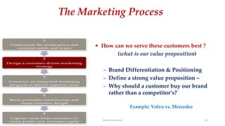 The Marketing Process
• How can we serve these customers best ?
(what is our value proposition)
– Brand Differentiation & Positioning
– Define a strong value proposition –
– Why should a customer buy our brand
rather than a competitor’s?
Example: Volvo vs. Mercedes
Ahmed Ghoniem 91
 