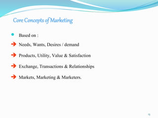 Core Conceptsof Marketing
 Based on :
 Needs, Wants, Desires / demand
 Products, Utility, Value & Satisfaction
 Exchan...
