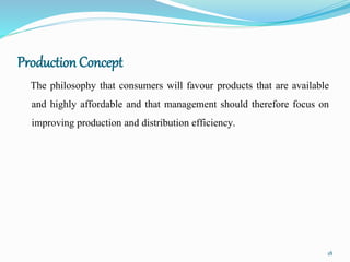 Production Concept
The philosophy that consumers will favour products that are available
and highly affordable and that ma...