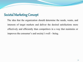 Societal Marketing Concept
The idea that the organization should determine the needs, wants, and
interests of target marke...
