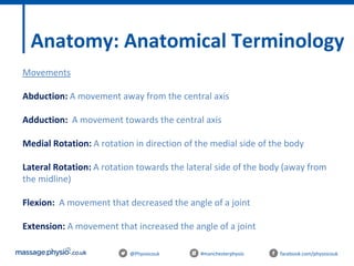 @Physiocouk #manchesterphysio facebook.com/physiocouk
Anatomy: Anatomical Terminology
Movements
Abduction: A movement away from the central axis
Adduction: A movement towards the central axis
Medial Rotation: A rotation in direction of the medial side of the body
Lateral Rotation: A rotation towards the lateral side of the body (away from
the midline)
Flexion: A movement that decreased the angle of a joint
Extension: A movement that increased the angle of a joint
 