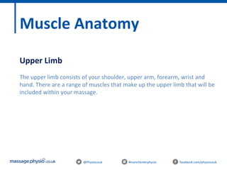 @Physiocouk #manchesterphysio facebook.com/physiocouk
Muscle Anatomy
Upper Limb
The upper limb consists of your shoulder, upper arm, forearm, wrist and
hand. There are a range of muscles that make up the upper limb that will be
included within your massage.
 