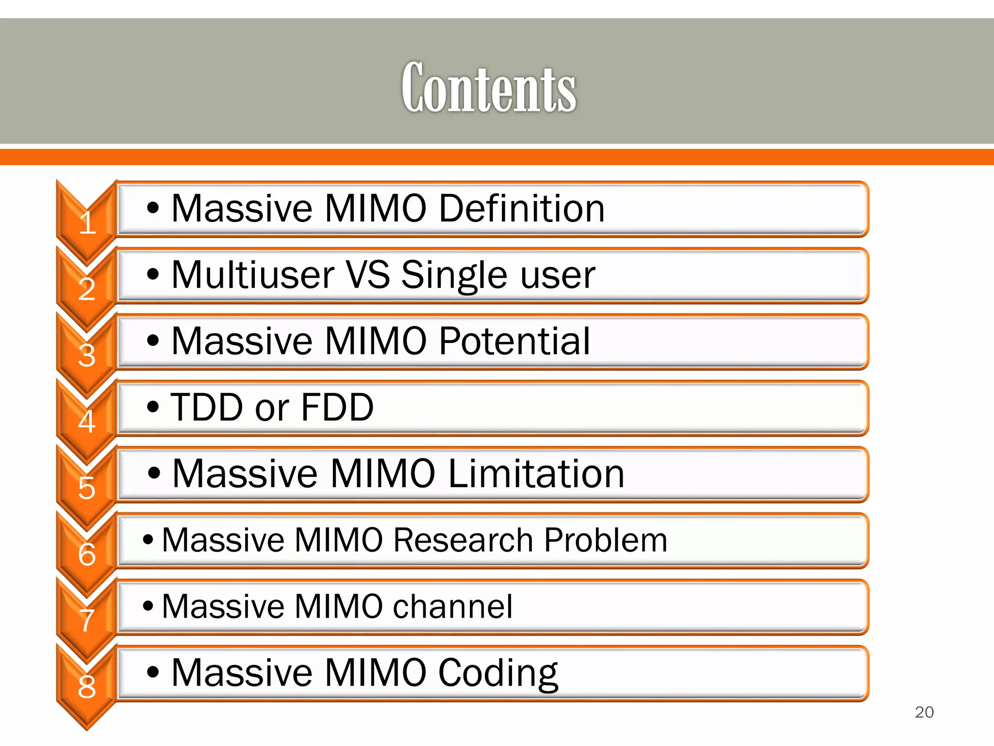 1 
•Massive MIMO Definition 
2 
•Multiuser VS Single user 
3 
•Massive MIMO Potential 
4 
•TDD or FDD 
5 
•Massive MIMO Limitation 
6 
•Massive MIMO Research Problem 
7 
•Massive MIMO channel 
8 
•Massive MIMO Coding 
20 
 