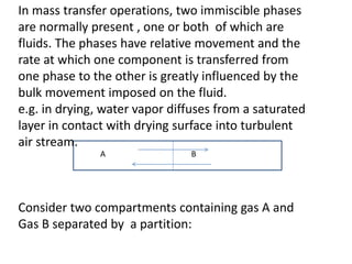 In mass transfer operations, two immiscible phases
are normally present , one or both of which are
fluids. The phases have relative movement and the
rate at which one component is transferred from
one phase to the other is greatly influenced by the
bulk movement imposed on the fluid.
e.g. in drying, water vapor diffuses from a saturated
layer in contact with drying surface into turbulent
air stream.
Consider two compartments containing gas A and
Gas B separated by a partition:
A B
 