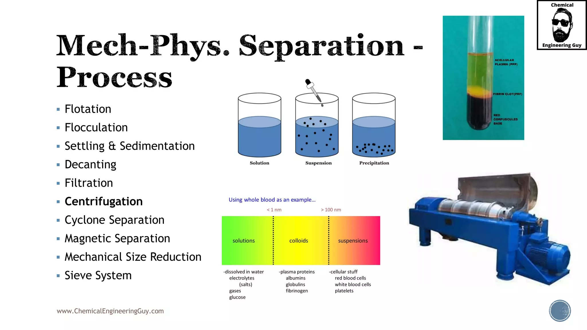 www.ChemicalEngineeringGuy.com
▪ Flotation
▪ Flocculation
▪ Settling & Sedimentation
▪ Decanting
▪ Filtration
▪ Centrifugation
▪ Cyclone Separation
▪ Magnetic Separation
▪ Mechanical Size Reduction
▪ Sieve System
 