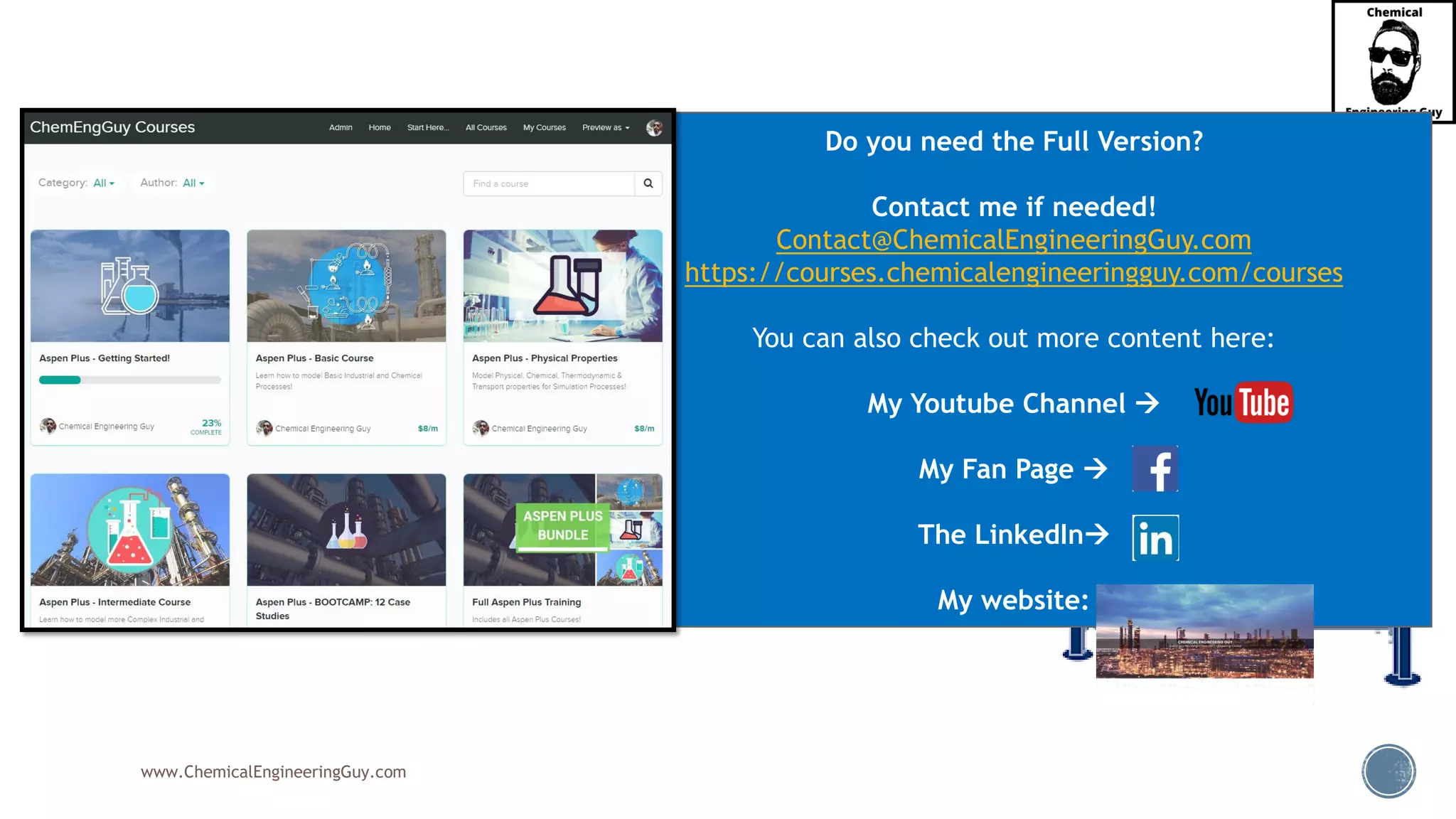 www.ChemicalEngineeringGuy.com
▪ The main issue in this type of separations are:
▪ spectrum of particle sizes
▪ This is important to identify, as they will be the main focus of:
▪ the devices that could be used to separate
▪ This requires the understanding the force balances
▪ Several models & settling equations are based on these:
▪ Newton’s law
▪ Stokes’ law
▪ Brownian motion
Do you need the Full Version?
Contact me if needed!
Contact@ChemicalEngineeringGuy.com
https://courses.chemicalengineeringguy.com/courses
You can also check out more content here:
My Youtube Channel →
My Fan Page →
The LinkedIn→
My website:
 