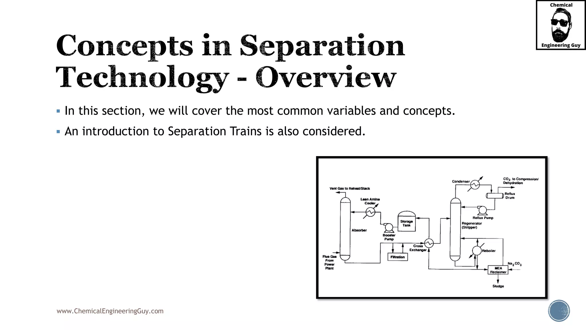 www.ChemicalEngineeringGuy.com
▪ In this section, we will cover the most common variables and concepts.
▪ An introduction to Separation Trains is also considered.
 