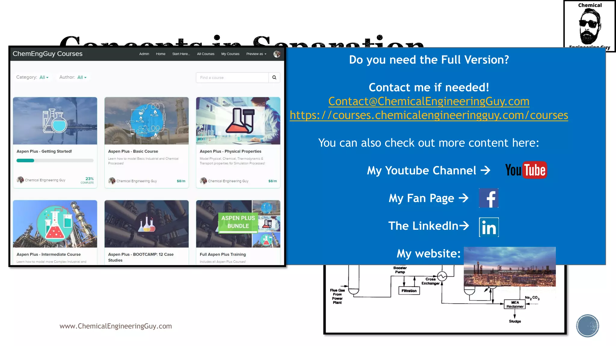 www.ChemicalEngineeringGuy.com
▪ If no chemical reaction occurs and the process operates in a continuous, steady-
state fashion, then:
▪ for each component i, in a mixture of C components the molar (or mass) flow rate in the
feed, ni
(F), equals the sum of the product molar (or mass) flow rates, ni
(p), for that
component in the N product phases, p:
( ) ( ) (1) (2) ( 1)
1
...
N
F p N
i i i i i
p
n n n n n −
=
= = + + +
Do you need the Full Version?
Contact me if needed!
Contact@ChemicalEngineeringGuy.com
https://courses.chemicalengineeringguy.com/courses
You can also check out more content here:
My Youtube Channel →
My Fan Page →
The LinkedIn→
My website:
 