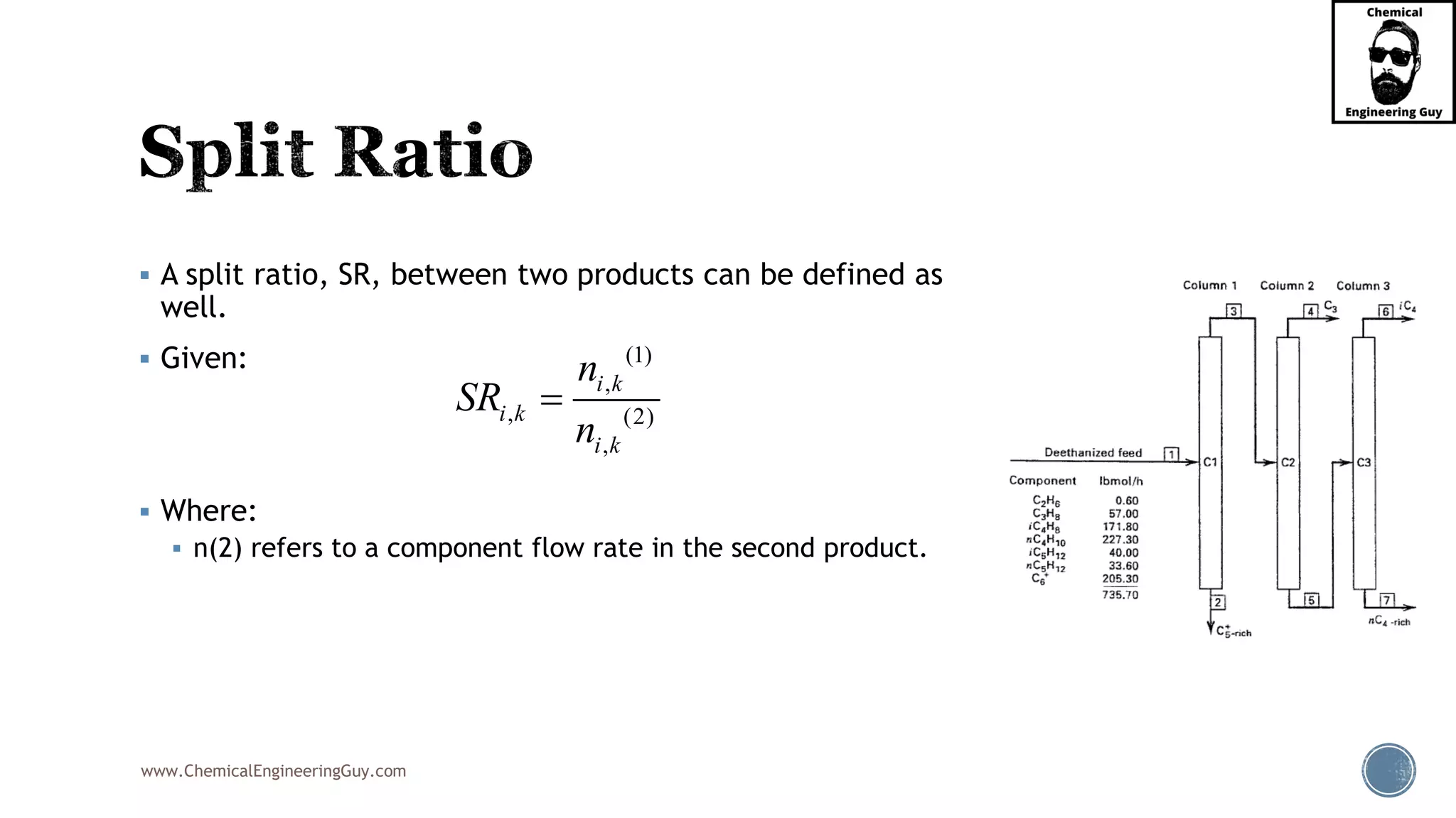 www.ChemicalEngineeringGuy.com
▪ A split ratio, SR, between two products can be defined as
well.
▪ Given:
▪ Where:
▪ n(2) refers to a component flow rate in the second product.
(1)
,
, (2)
,
i k
i k
i k
n
SR
n
=
 