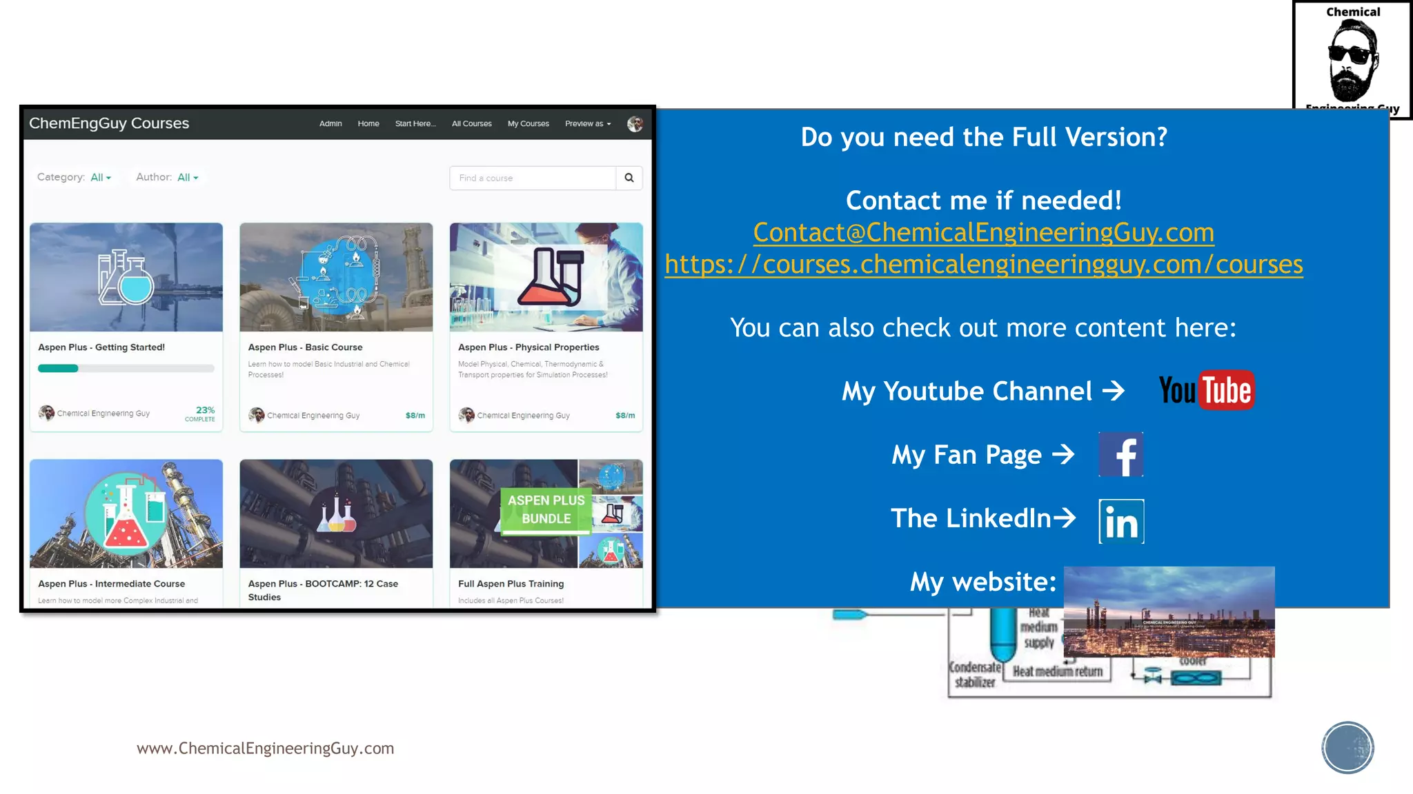 www.ChemicalEngineeringGuy.com
▪ Then, a large value corresponds to a
relatively high degree of separation or
separation factor, and a small value close to
1.0 corresponds to a low degree of separation
factor.
Do you need the Full Version?
Contact me if needed!
Contact@ChemicalEngineeringGuy.com
https://courses.chemicalengineeringguy.com/courses
You can also check out more content here:
My Youtube Channel →
My Fan Page →
The LinkedIn→
My website:
 