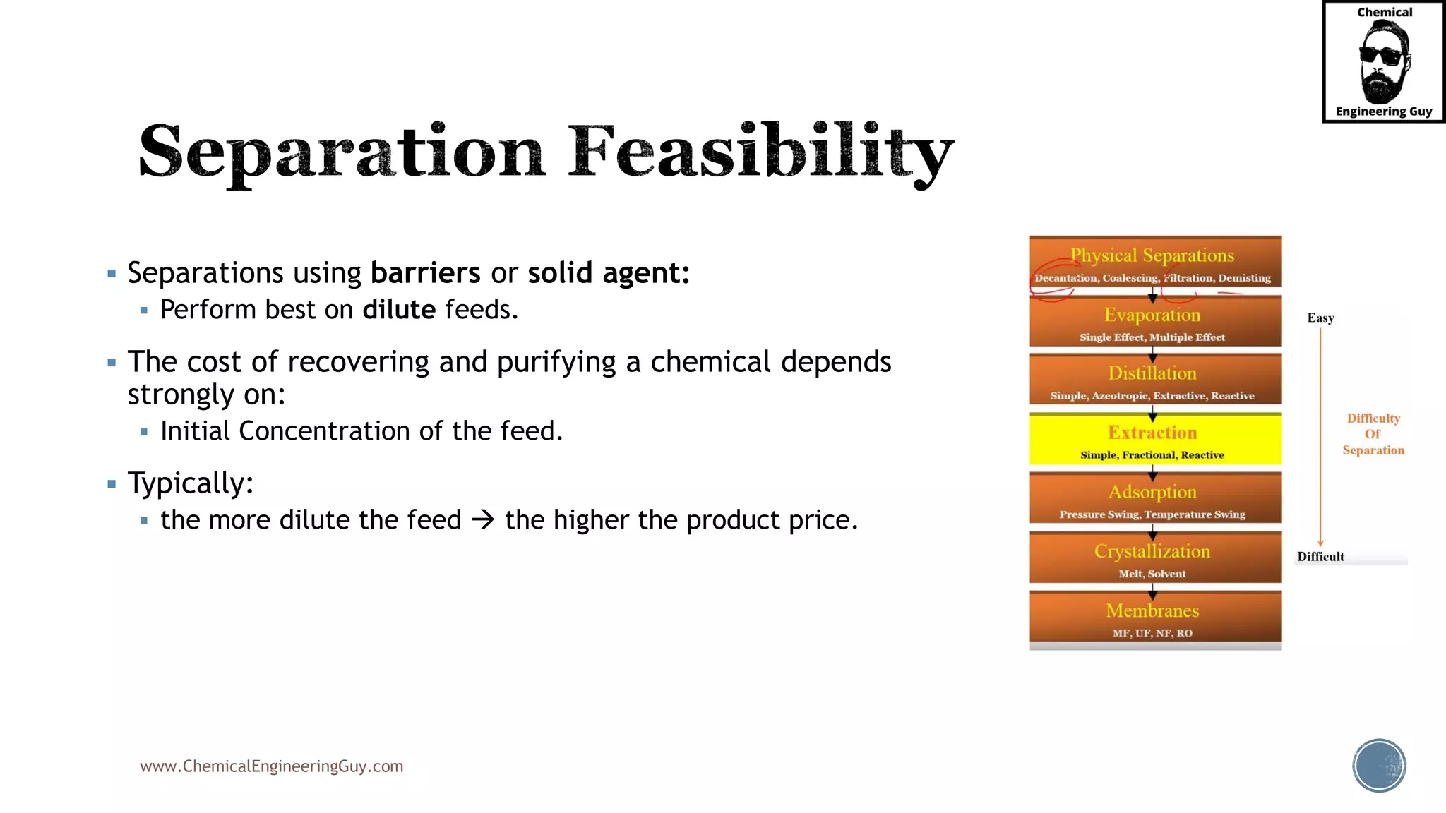 www.ChemicalEngineeringGuy.com
▪ Separations using barriers or solid agent:
▪ Perform best on dilute feeds.
▪ The cost of recovering and purifying a chemical depends
strongly on:
▪ Initial Concentration of the feed.
▪ Typically:
▪ the more dilute the feed → the higher the product price.
 