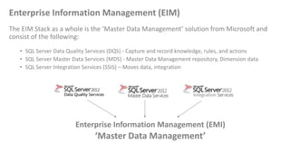 Enterprise Information Management (EIM)
The EIM Stack as a whole is the ‘Master Data Management’ solution from Microsoft a...