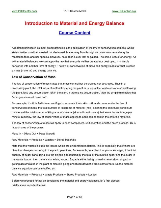 Introduction to material and energy balance