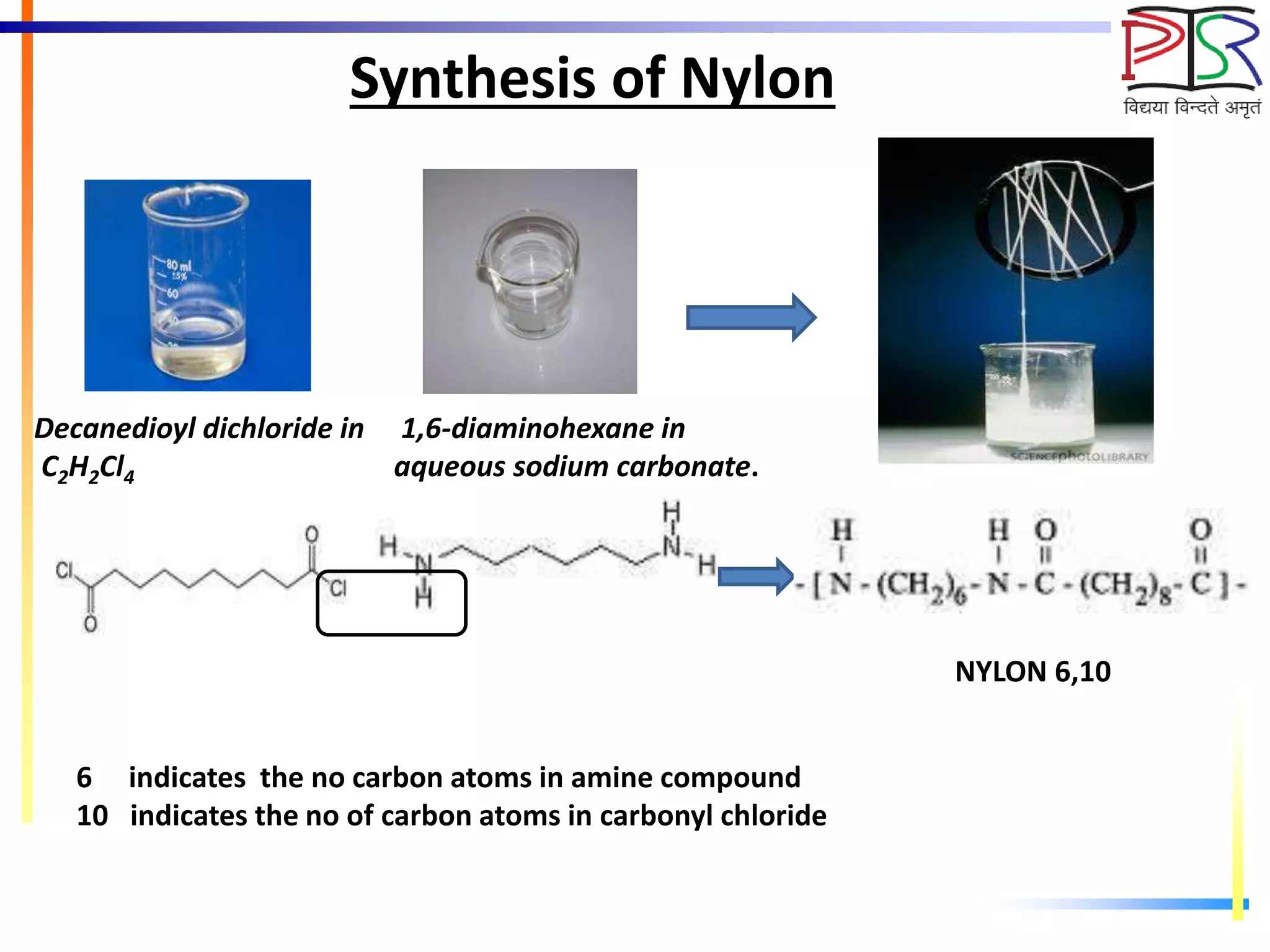 Synthesis of Nylon
Decanedioyl dichloride in
C2H2Cl4
1,6-diaminohexane in
aqueous sodium carbonate.
NYLON 6,10
6 indicates the no carbon atoms in amine compound
10 indicates the no of carbon atoms in carbonyl chloride
 