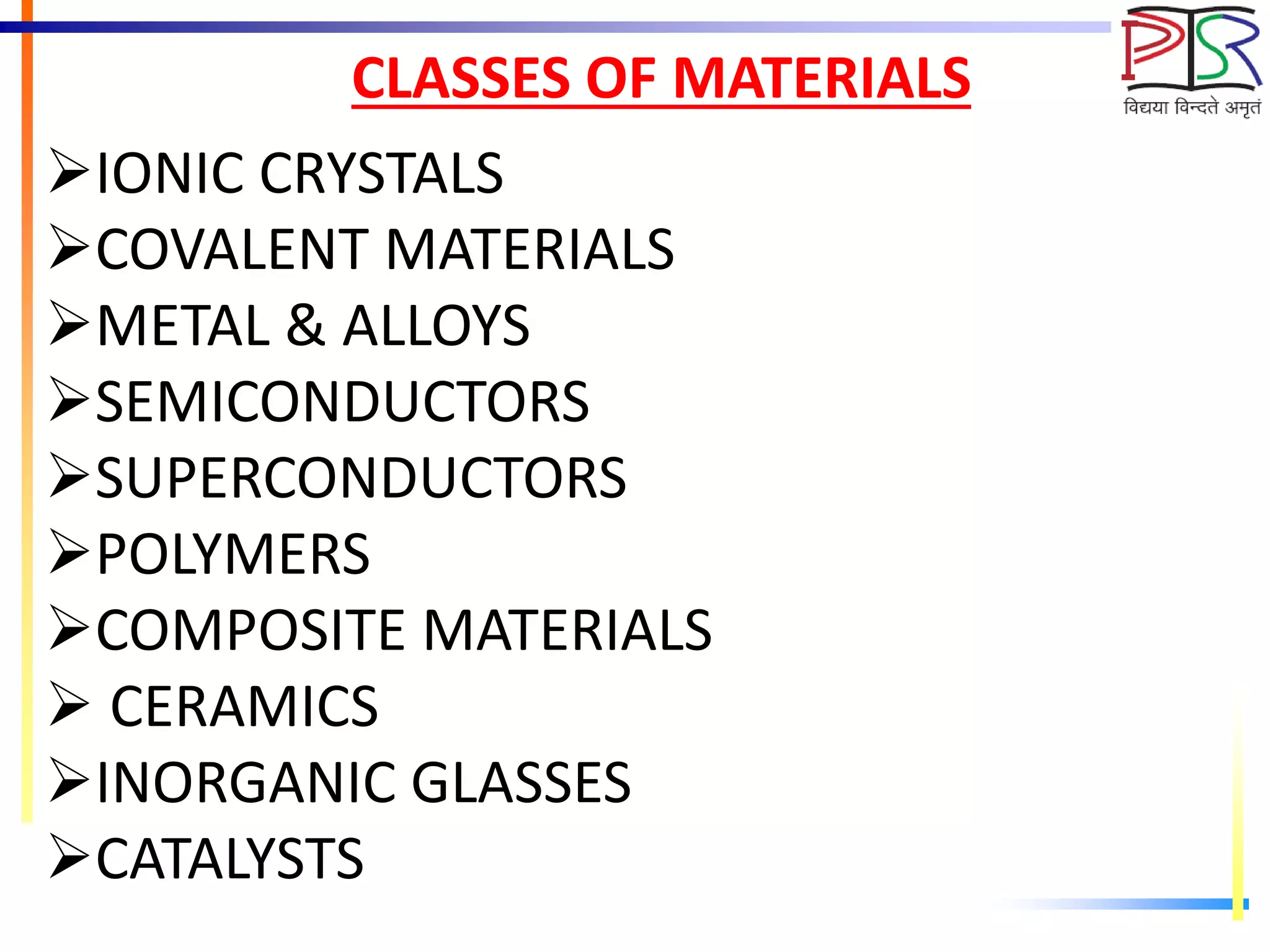 CLASSES OF MATERIALS
IONIC CRYSTALS
COVALENT MATERIALS
METAL & ALLOYS
SEMICONDUCTORS
SUPERCONDUCTORS
POLYMERS
COMPOSITE MATERIALS
 CERAMICS
INORGANIC GLASSES
CATALYSTS
 