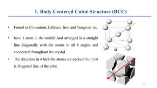 1. Body Centered Cubic Structure (BCC)
• Found in Chromium, Lithium, Iron and Tungsten etc.
• have 1 atom in the middle And arranged in a straight
line diagonally with the atoms in all 8 angles and
connected throughout the crystal
• The direction in which the atoms are packed the most
is Diagonal line of the cube
22
 