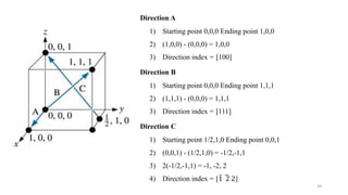 Direction A
1) Starting point 0,0,0 Ending point 1,0,0
2) (1,0,0) - (0,0,0) = 1,0,0
3) Direction index = [100]
Direction B
1) Starting point 0,0,0 Ending point 1,1,1
2) (1,1,1) - (0,0,0) = 1,1,1
3) Direction index = [111]
Direction C
1) Starting point 1/2,1,0 Ending point 0,0,1
2) (0,0,1) - (1/2,1,0) = -1/2,-1,1
3) 2(-1/2,-1,1) = -1, -2, 2
4) Direction index = [ത1 ഥ2 2]
44
 
