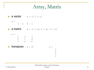 Array, Matrix
        a vector             x = [1 2 5 1]

         x =
                  1   2       5    1

        a matrix             x = [1 2 3; 5 1 4; 3 2 -1]

         x =
                  1       2        3
                  5       1        4
                  3       2       -1

        transpose            y = x’                      y =
                                                                  1
                                                                  2
                                                                  5
                                                                  1



                                       MATLAB workshop under CSI Student
27-28 Sept,2012                                   Chapter                  15
 