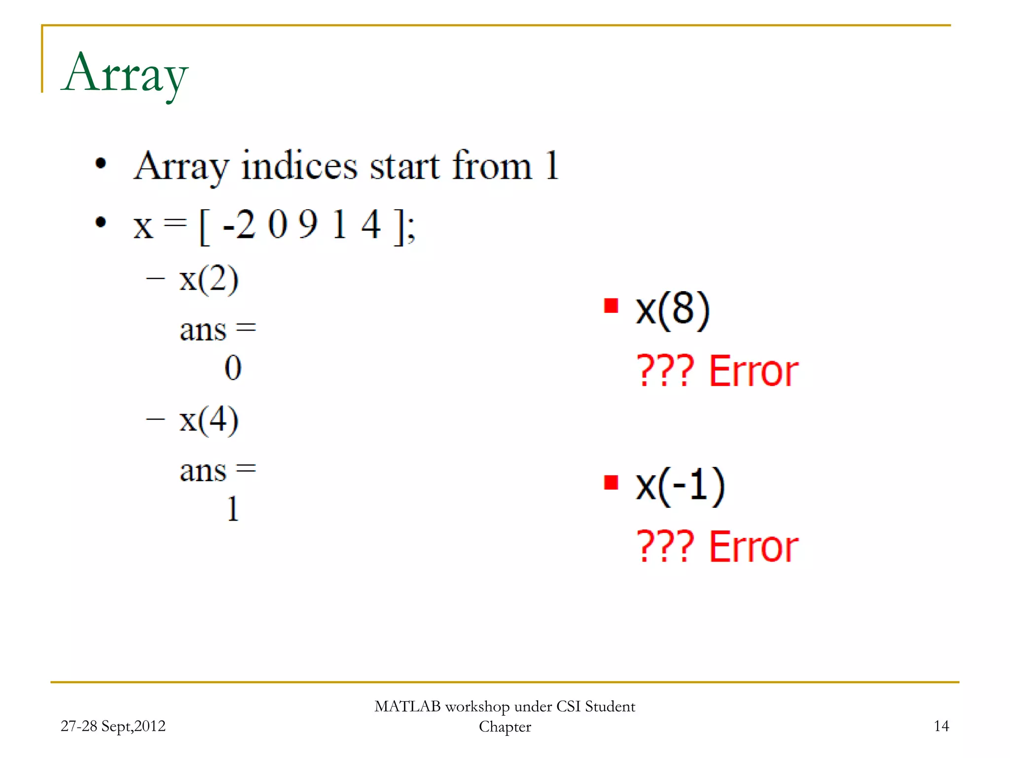 Array




                  MATLAB workshop under CSI Student
27-28 Sept,2012              Chapter                  14
 