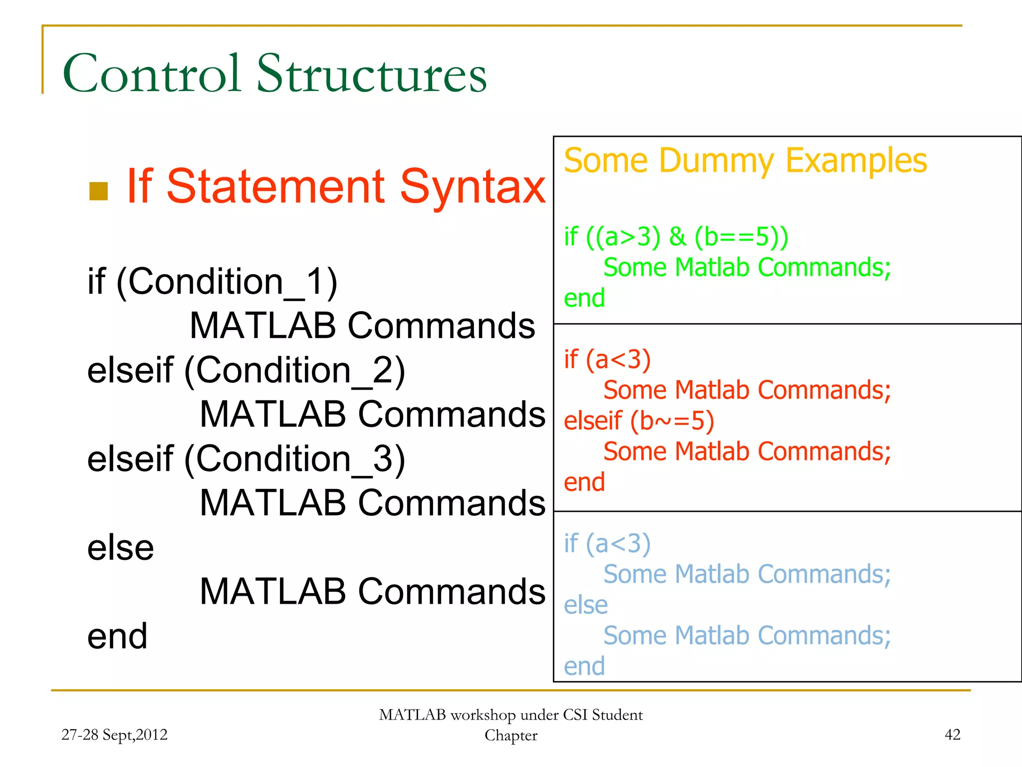 Control Structures
                                           Some Dummy Examples
        If Statement Syntax
                                           if ((a>3) & (b==5))
                                                Some Matlab Commands;
   if (Condition_1)                        end
          MATLAB Commands
                                           if (a<3)
   elseif (Condition_2)                         Some Matlab Commands;
           MATLAB Commands                 elseif (b~=5)
   elseif (Condition_3)                         Some Matlab Commands;
                                           end
           MATLAB Commands
   else                                    if (a<3)
                                                Some Matlab Commands;
           MATLAB Commands                 else
   end                                          Some Matlab Commands;
                                           end
                    MATLAB workshop under CSI Student
27-28 Sept,2012                Chapter                                  42
 