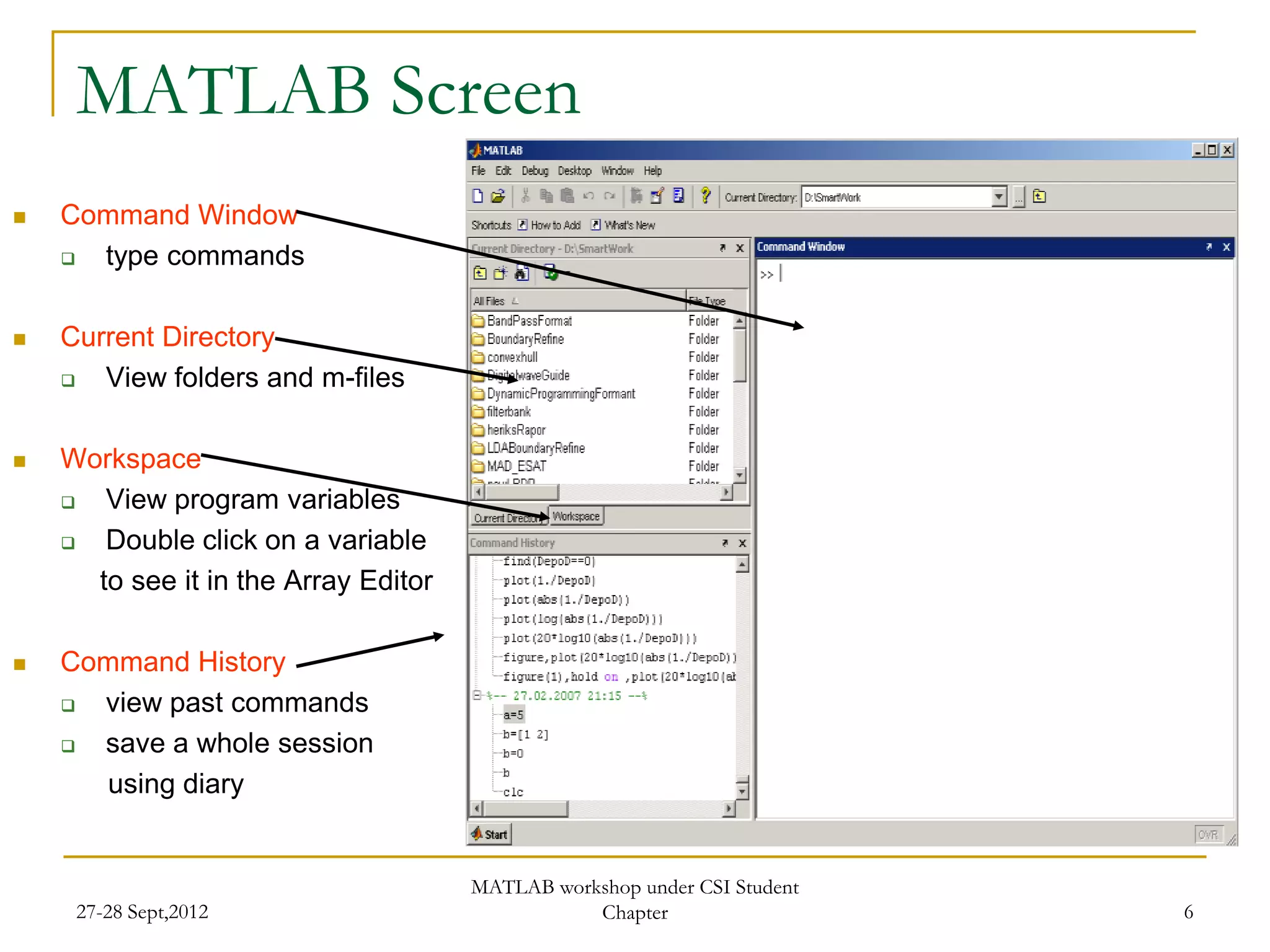 MATLAB Screen
   Command Window
     type commands

   Current Directory
      View folders and m-files

   Workspace
      View program variables
      Double click on a variable
      to see it in the Array Editor

   Command History
     view past commands
     save a whole session
      using diary


                                      MATLAB workshop under CSI Student
     27-28 Sept,2012                             Chapter                  6
 