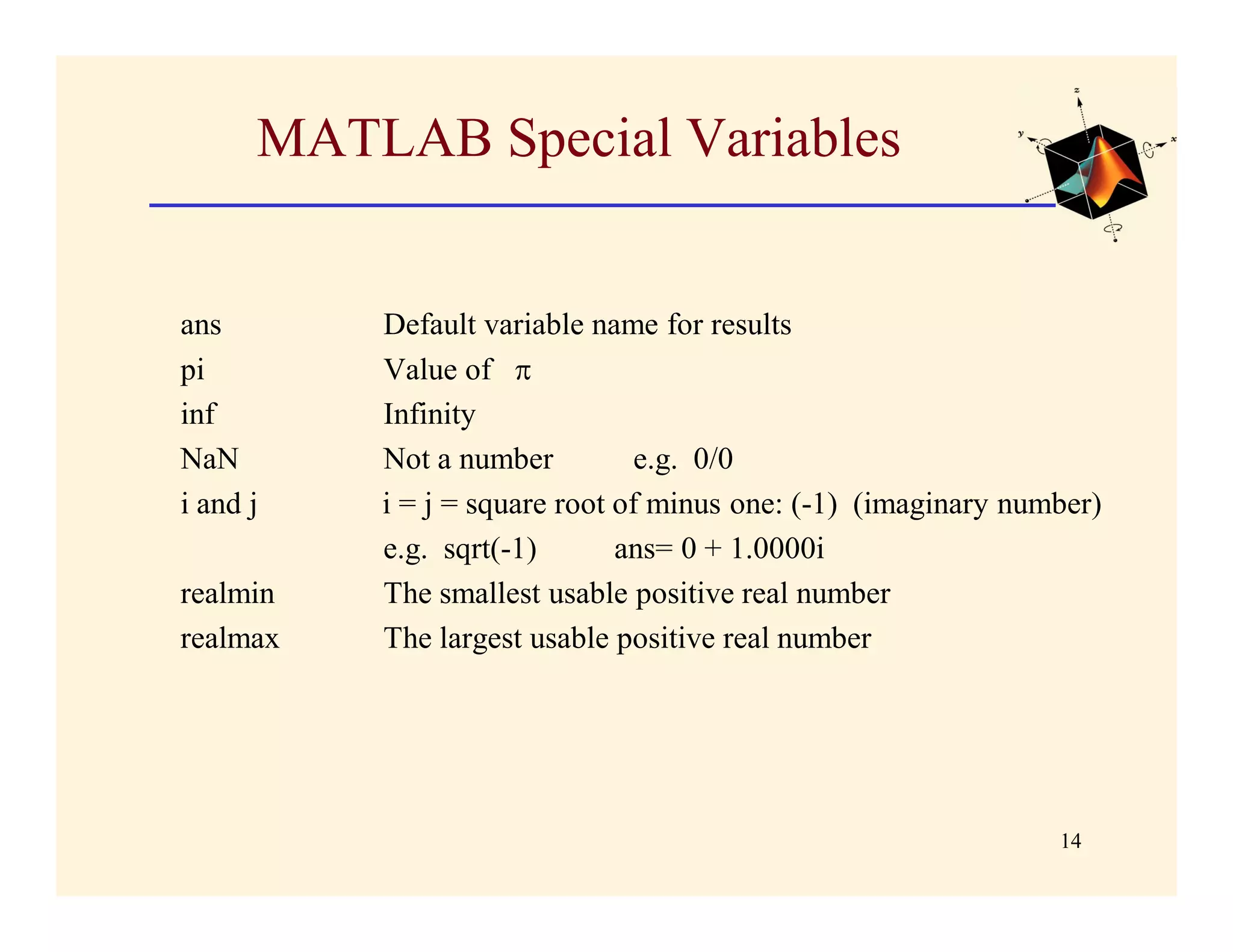 MATLAB Special Variables


ans       Default variable name for results
pi        Value of 
inf       Infinity
NaN       Not a number          e.g. 0/0
i and j   i = j = square root of minus one: (-1) (imaginary number)
          e.g. sqrt(-1)       ans= 0 + 1.0000i
realmin   The smallest usable positive real number
realmax   The largest usable positive real number




                                                               14
 