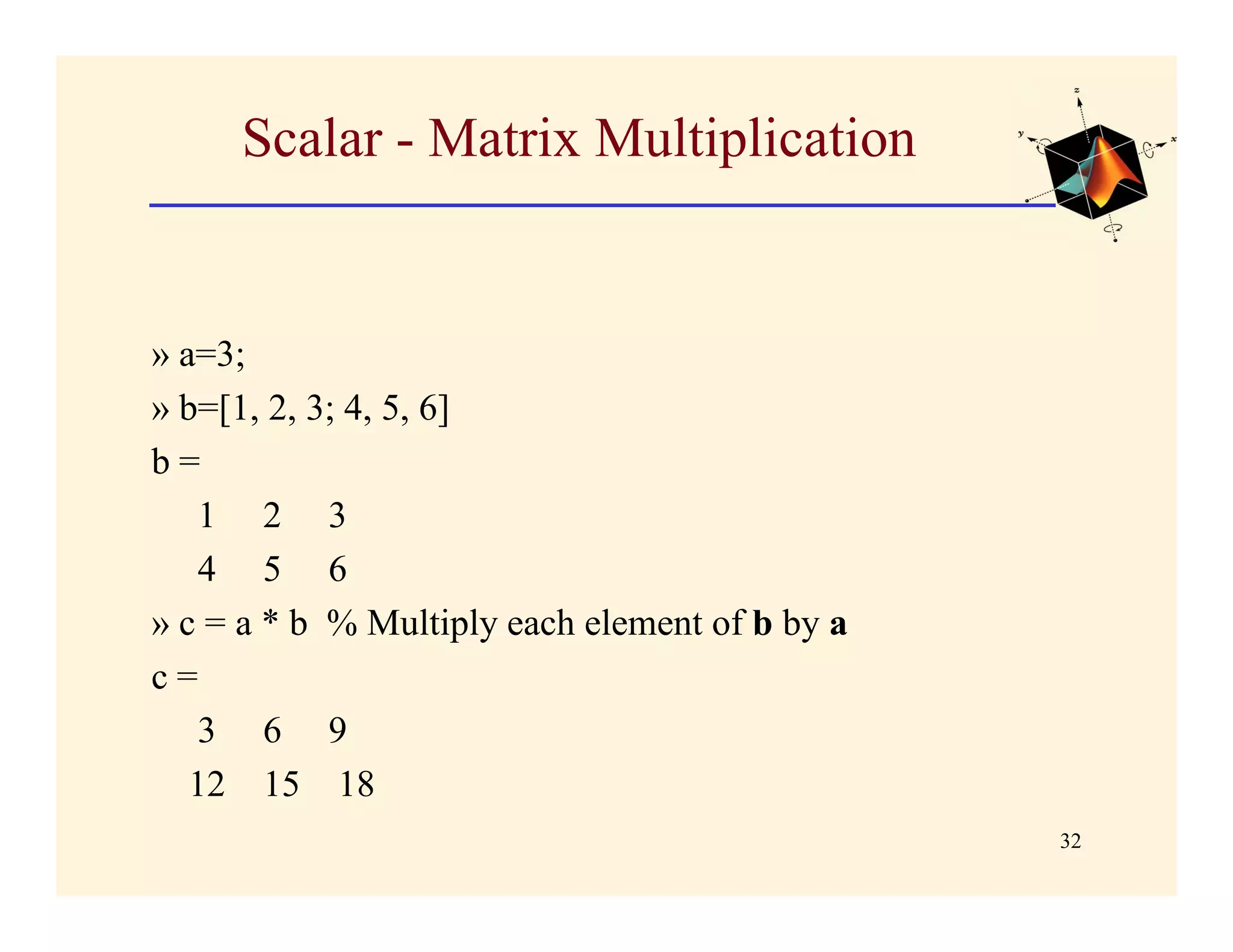 Scalar - Matrix Multiplication


» a=3;
» b=[1, 2, 3; 4, 5, 6]
b=
    1 2 3
    4 5 6
» c = a * b % Multiply each element of b by a
c=
    3 6 9
   12 15 18
                                                32
 