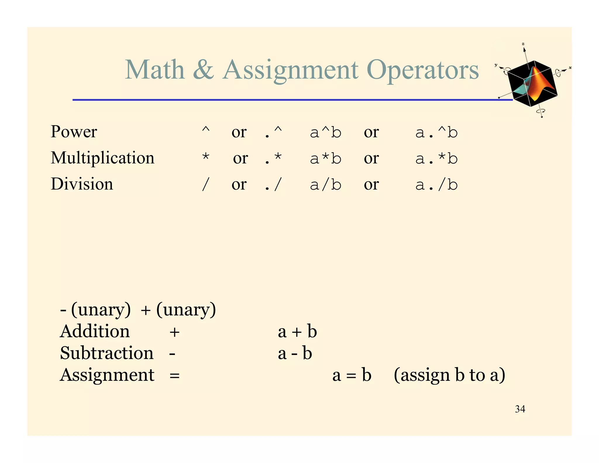 Math & Assignment Operators

Power             ^    or .^   a^b   or     a.^b
Multiplication    *    or .*   a*b   or     a.*b
Division          /    or ./   a/b   or     a./b




 - (unary) + (unary)
 Addition      +           a+b
 Subtraction -             a-b
 Assignment =                    a=b      (assign b to a)
                                                            34
 