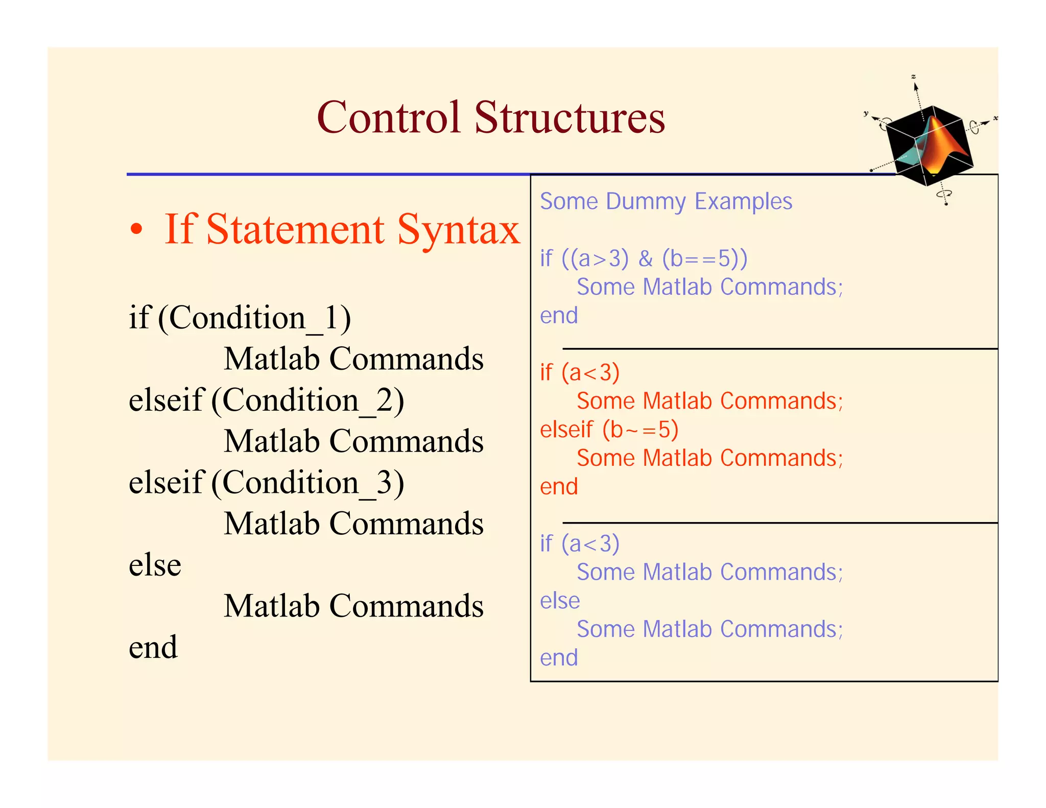 Control Structures
                          Some Dummy Examples
• If Statement Syntax
                          if ((a>3) & (b==5))
                               Some Matlab Commands;
if (Condition_1)          end
        Matlab Commands   if (a<3)
elseif (Condition_2)           Some Matlab Commands;
                          elseif (b~=5)
        Matlab Commands        Some Matlab Commands;
elseif (Condition_3)      end
        Matlab Commands
                          if (a<3)
else                           Some Matlab Commands;
        Matlab Commands   else
                               Some Matlab Commands;
end                       end
 