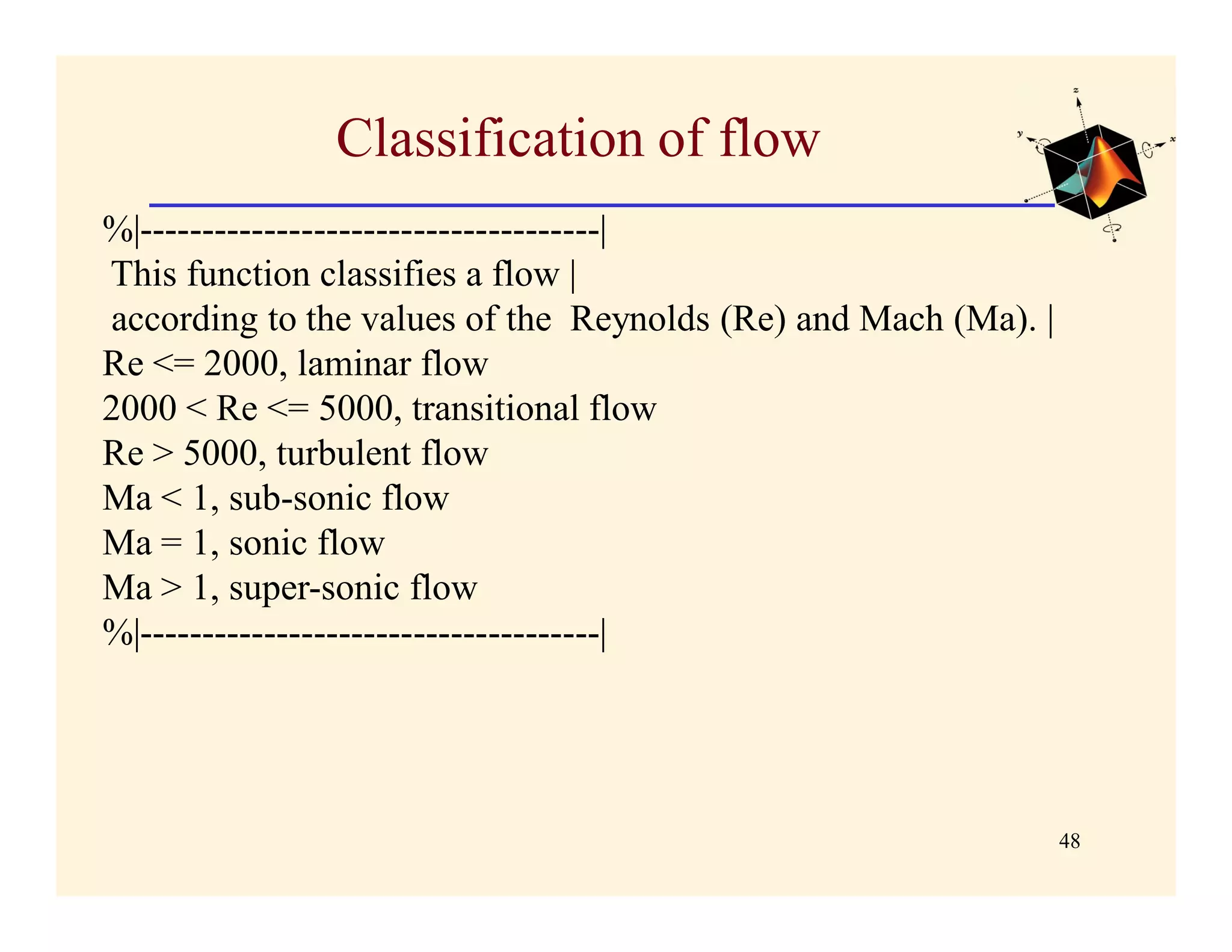 Classification of flow
%|-------------------------------------|
This function classifies a flow |
according to the values of the Reynolds (Re) and Mach (Ma). |
Re <= 2000, laminar flow
2000 < Re <= 5000, transitional flow
Re > 5000, turbulent flow
Ma < 1, sub-sonic flow
Ma = 1, sonic flow
Ma > 1, super-sonic flow
%|-------------------------------------|




                                                                48
 