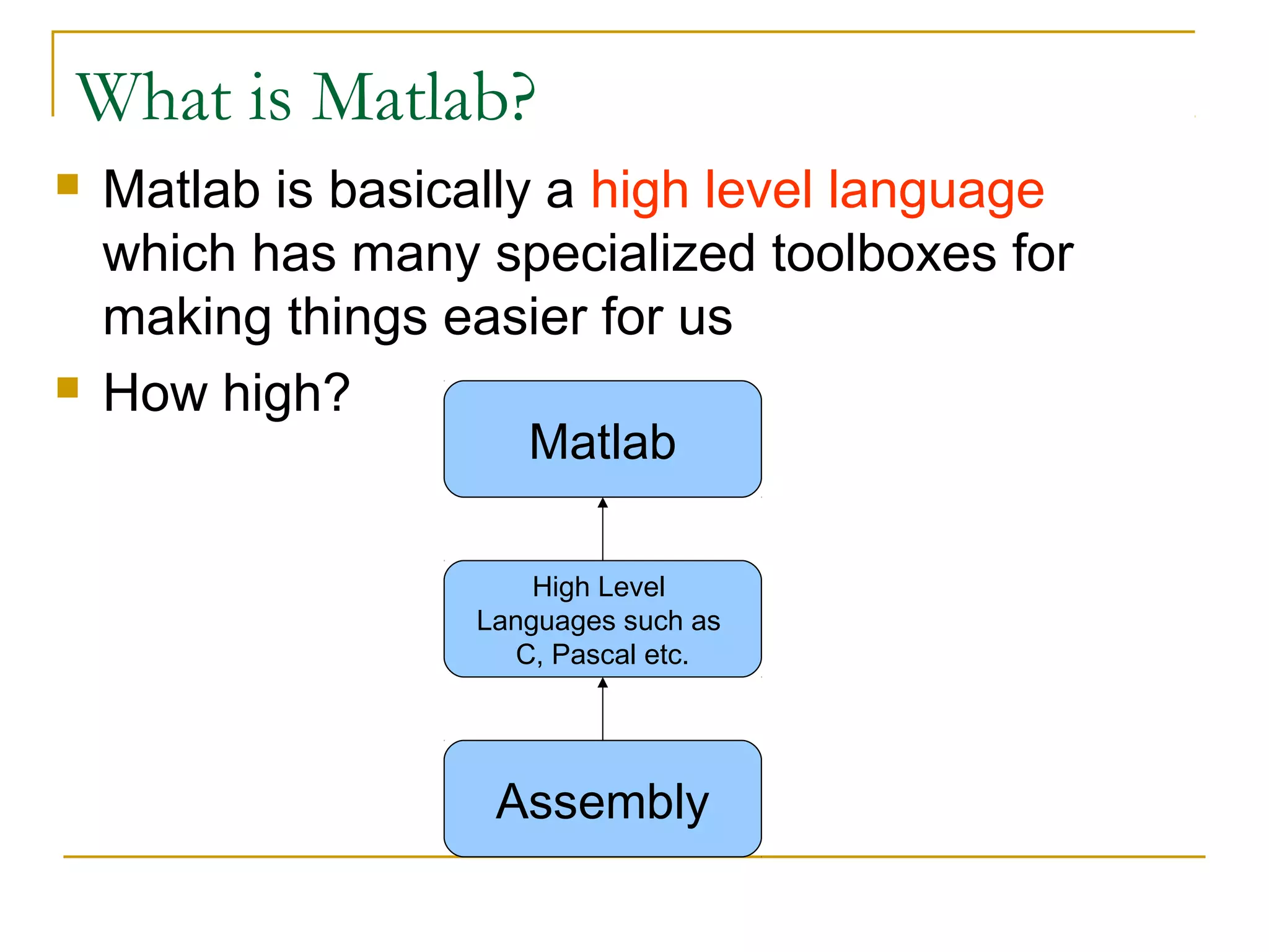What is Matlab?
   Matlab is basically a high level language
    which has many specialized toolboxes for
    making things easier for us
   How high?
                      Matlab

                       High Level
                   Languages such as
                     C, Pascal etc.




                    Assembly
 