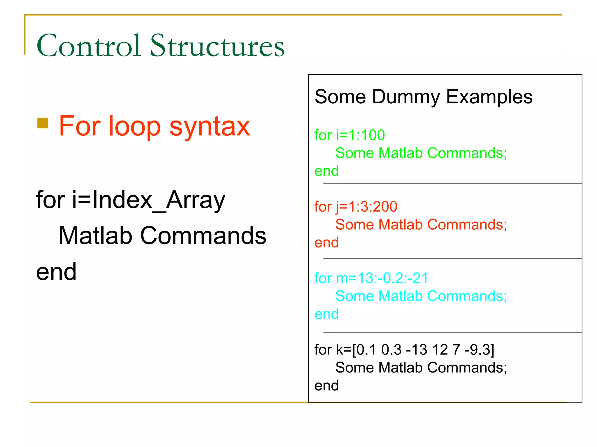 Control Structures
Some Dummy Examples


For loop syntax

for i=Index_Array
Matlab Commands
end

for i=1:100
Some Matlab Commands;
end
for j=1:3:200
Some Matlab Commands;
end
for m=13:-0.2:-21
Some Matlab Commands;
end
for k=[0.1 0.3 -13 12 7 -9.3]
Some Matlab Commands;
end

 