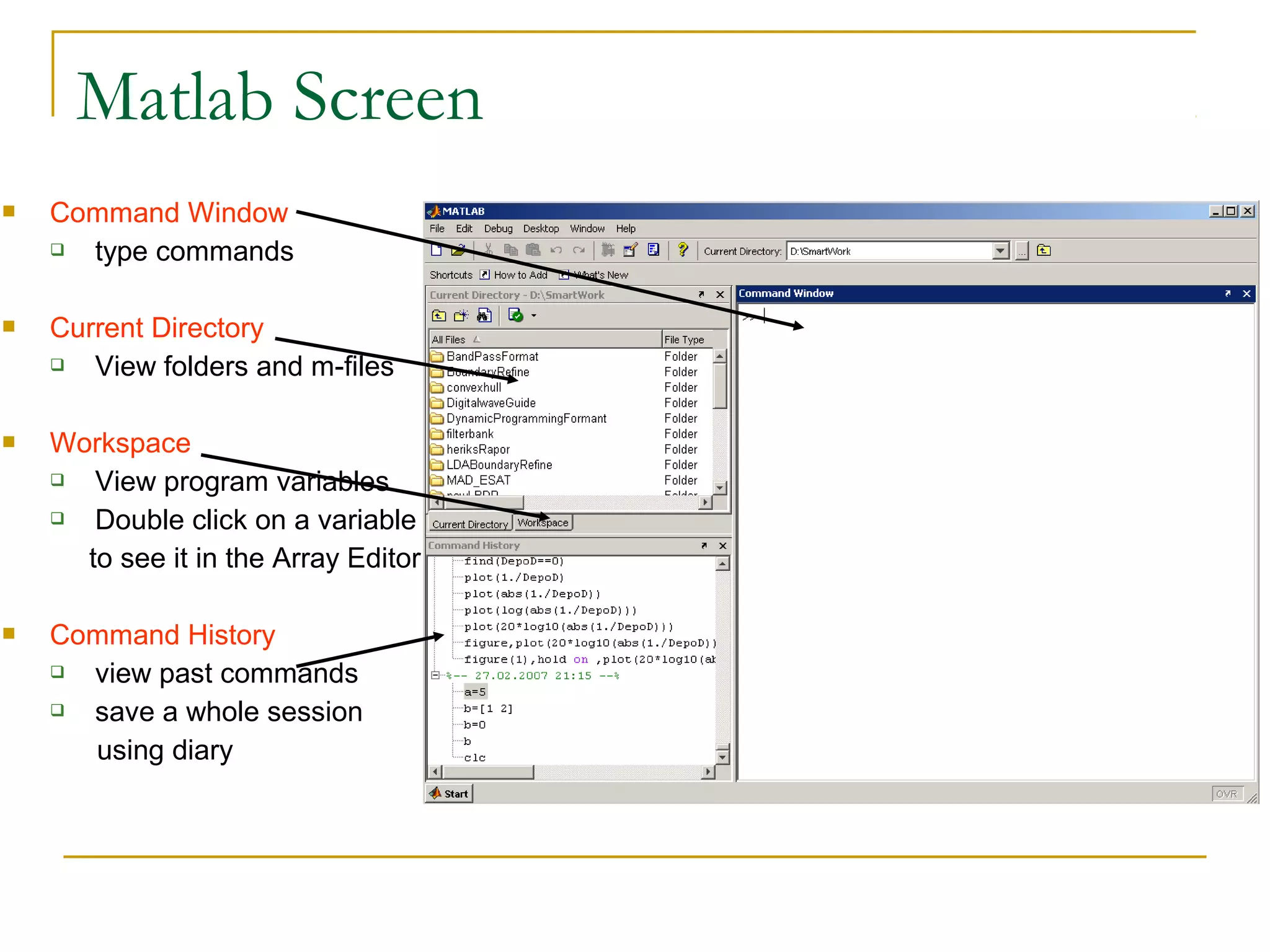Matlab Screen


Command Window

type commands



Current Directory

View folders and m-files



Workspace

View program variables

Double click on a variable
to see it in the Array Editor



Command History

view past commands

save a whole session
using diary

 