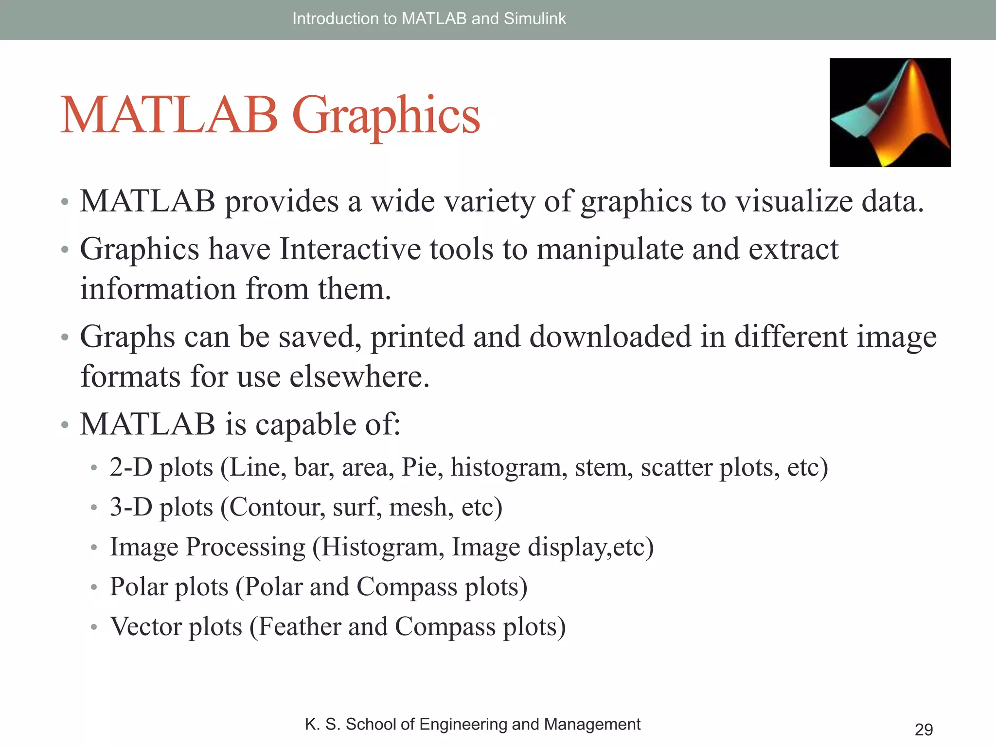 • MATLAB provides a wide variety of graphics to visualize data.
• Graphics have Interactive tools to manipulate and extract
information from them.
• Graphs can be saved, printed and downloaded in different image
formats for use elsewhere.
• MATLAB is capable of:
• 2-D plots (Line, bar, area, Pie, histogram, stem, scatter plots, etc)
• 3-D plots (Contour, surf, mesh, etc)
• Image Processing (Histogram, Image display,etc)
• Polar plots (Polar and Compass plots)
• Vector plots (Feather and Compass plots)
Introduction to MATLAB and Simulink
K. S. School of Engineering and Management 29
MATLAB Graphics
 
