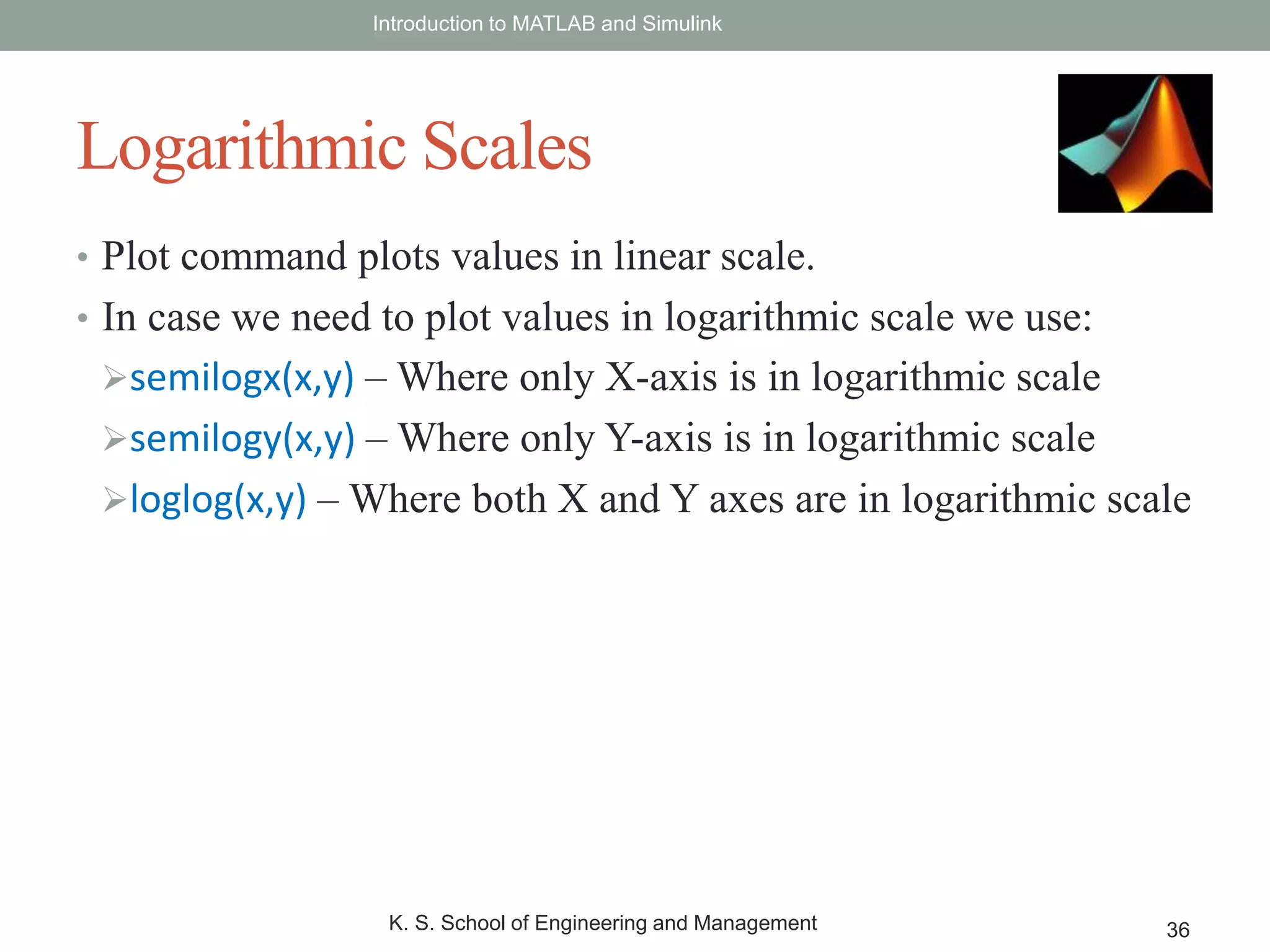 • Plot command plots values in linear scale.
• In case we need to plot values in logarithmic scale we use:
semilogx(x,y) – Where only X-axis is in logarithmic scale
semilogy(x,y) – Where only Y-axis is in logarithmic scale
loglog(x,y) – Where both X and Y axes are in logarithmic scale
Introduction to MATLAB and Simulink
K. S. School of Engineering and Management 36
Logarithmic Scales
 