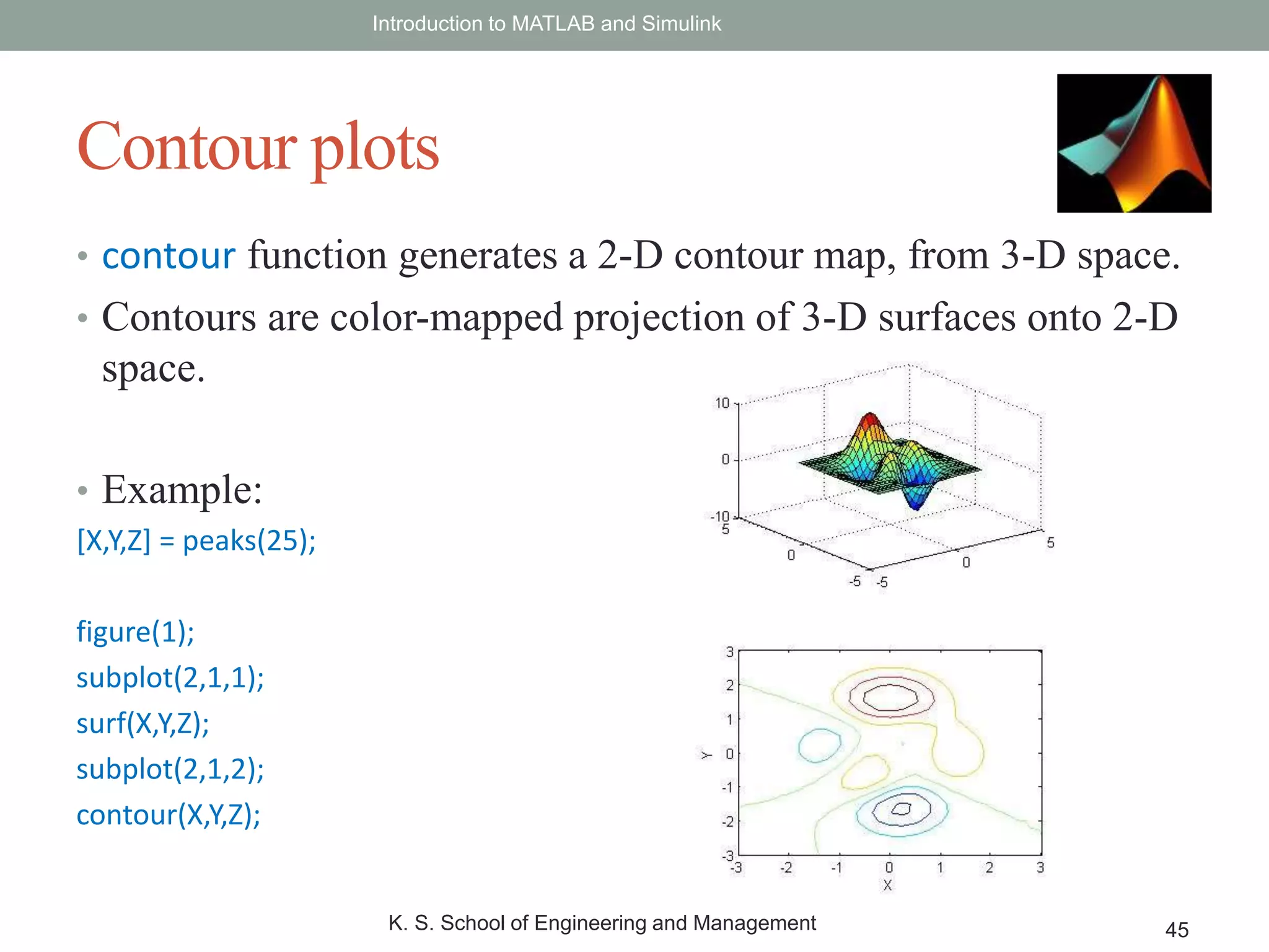 • contour function generates a 2-D contour map, from 3-D space.
• Contours are color-mapped projection of 3-D surfaces onto 2-D
space.
• Example:
[X,Y,Z] = peaks(25);
figure(1);
subplot(2,1,1);
surf(X,Y,Z);
subplot(2,1,2);
contour(X,Y,Z);
Introduction to MATLAB and Simulink
K. S. School of Engineering and Management 45
Contour plots
 