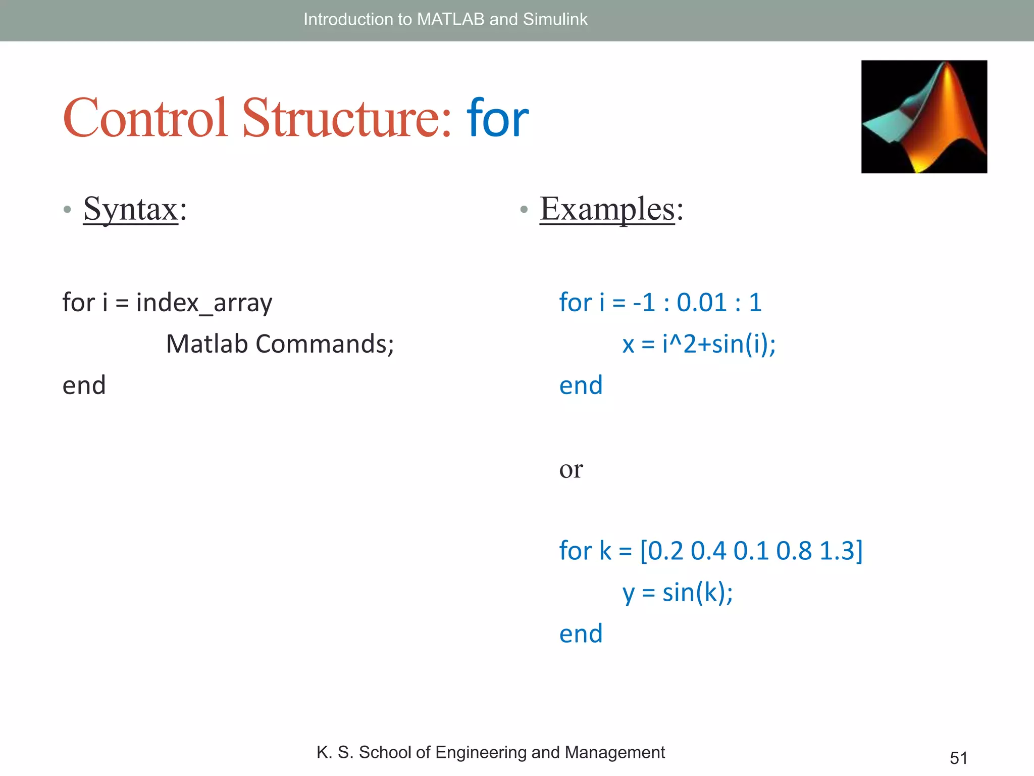 • Syntax:
for i = index_array
Matlab Commands;
end
Introduction to MATLAB and Simulink
K. S. School of Engineering and Management 51
Control Structure: for
• Examples:
for i = -1 : 0.01 : 1
x = i^2+sin(i);
end
or
for k = [0.2 0.4 0.1 0.8 1.3]
y = sin(k);
end
 