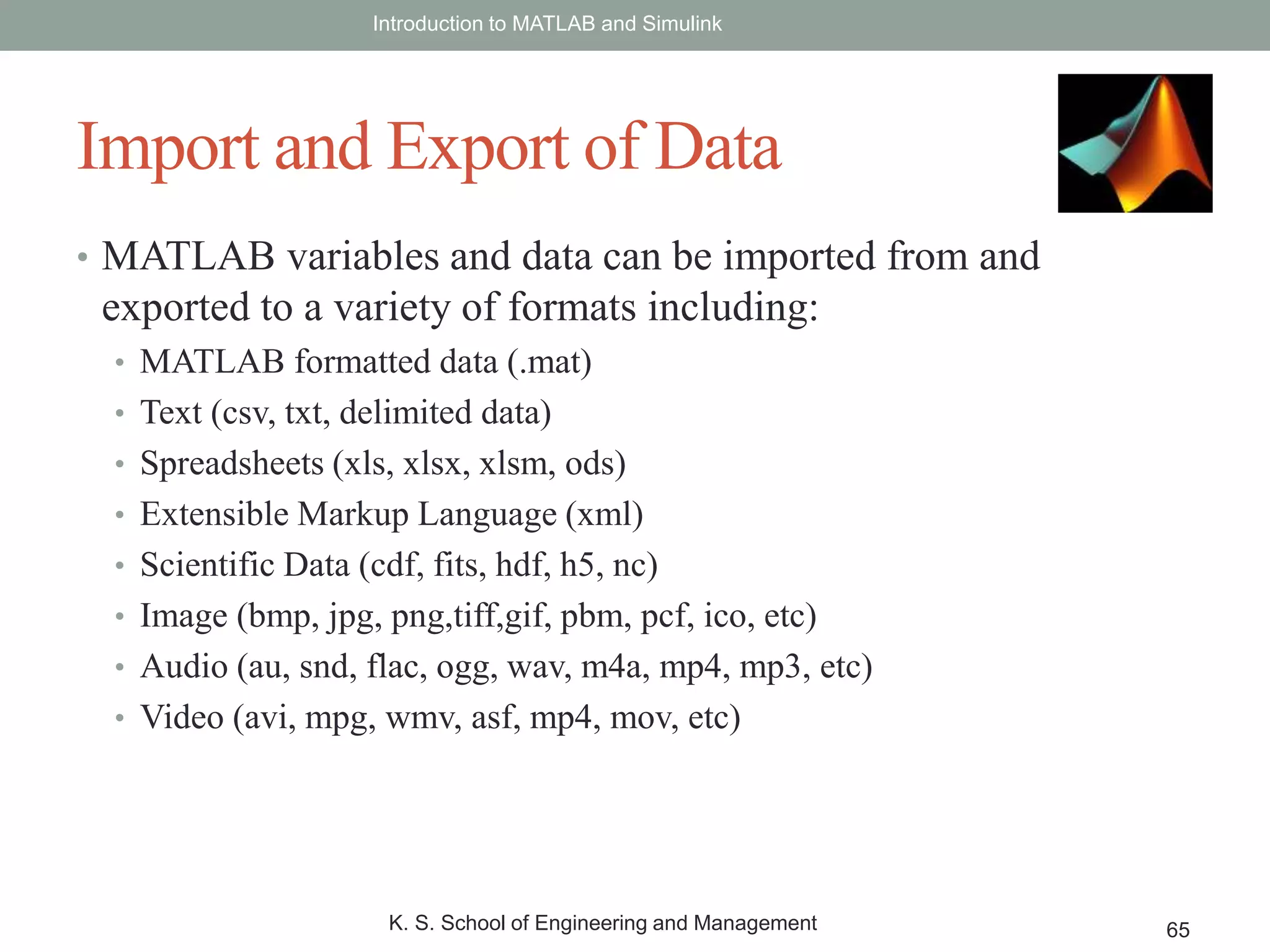 • MATLAB variables and data can be imported from and
exported to a variety of formats including:
• MATLAB formatted data (.mat)
• Text (csv, txt, delimited data)
• Spreadsheets (xls, xlsx, xlsm, ods)
• Extensible Markup Language (xml)
• Scientific Data (cdf, fits, hdf, h5, nc)
• Image (bmp, jpg, png,tiff,gif, pbm, pcf, ico, etc)
• Audio (au, snd, flac, ogg, wav, m4a, mp4, mp3, etc)
• Video (avi, mpg, wmv, asf, mp4, mov, etc)
Introduction to MATLAB and Simulink
K. S. School of Engineering and Management 65
Import and Export of Data
 