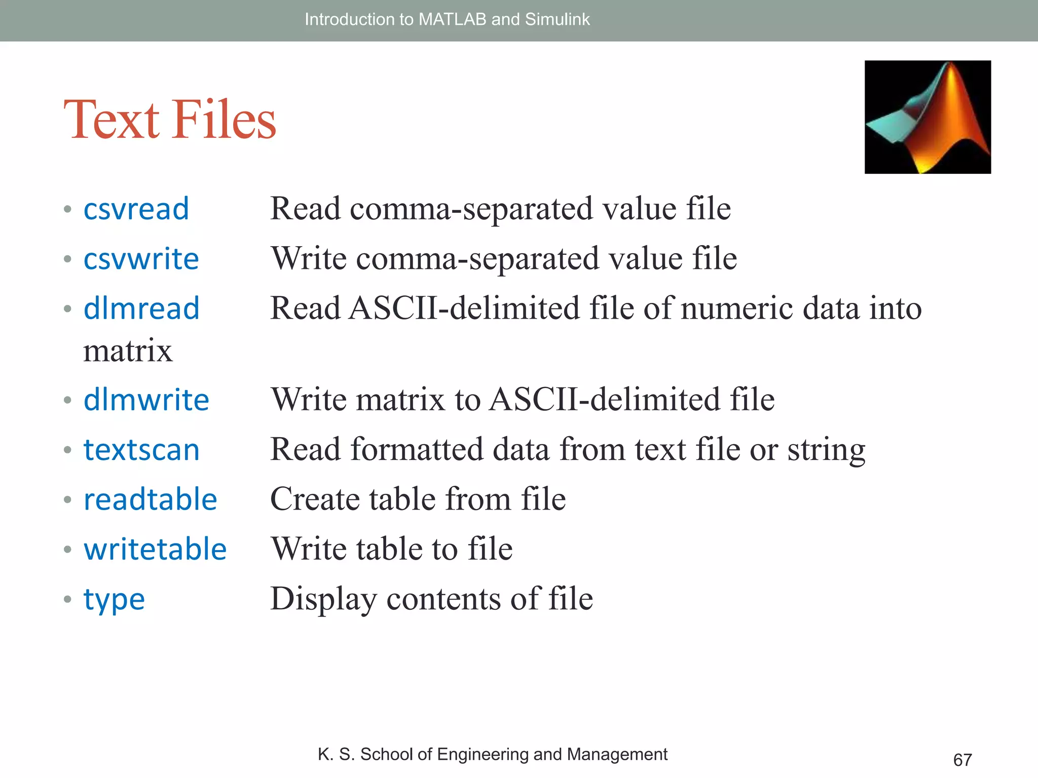 • csvread Read comma-separated value file
• csvwrite Write comma-separated value file
• dlmread Read ASCII-delimited file of numeric data into
matrix
• dlmwrite Write matrix to ASCII-delimited file
• textscan Read formatted data from text file or string
• readtable Create table from file
• writetable Write table to file
• type Display contents of file
Introduction to MATLAB and Simulink
K. S. School of Engineering and Management 67
Text Files
 