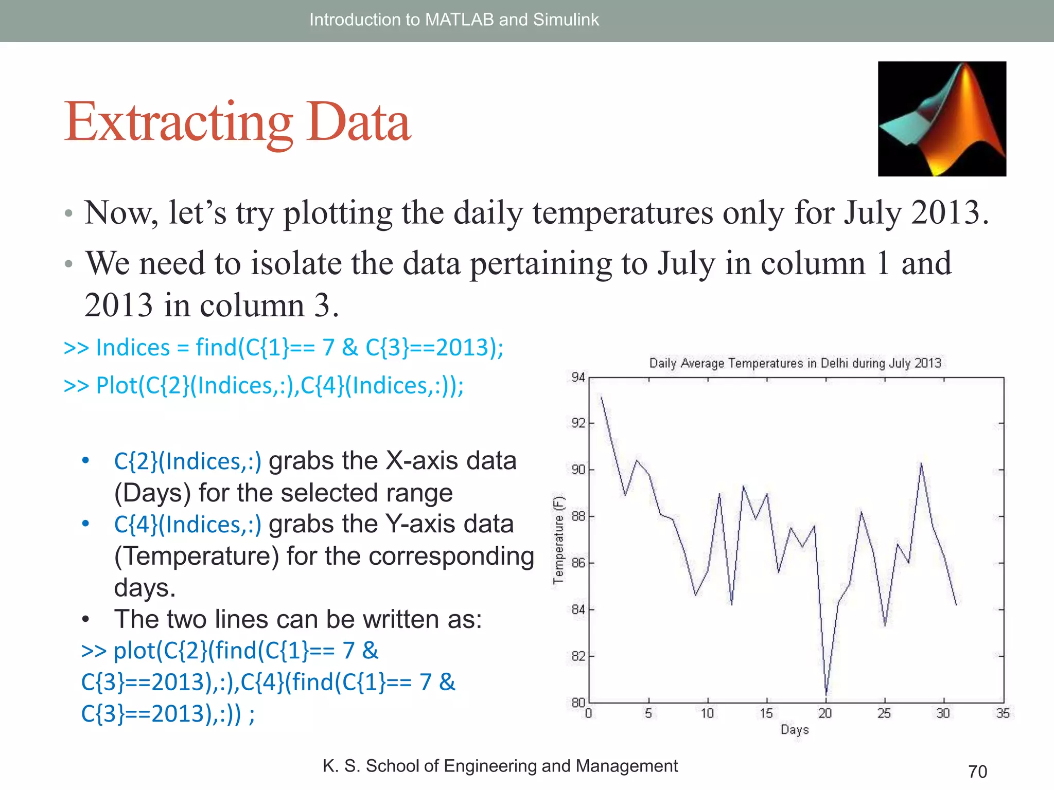 • Now, let’s try plotting the daily temperatures only for July 2013.
• We need to isolate the data pertaining to July in column 1 and
2013 in column 3.
>> Indices = find(C{1}== 7 & C{3}==2013);
>> Plot(C{2}(Indices,:),C{4}(Indices,:));
Introduction to MATLAB and Simulink
K. S. School of Engineering and Management 70
Extracting Data
• C{2}(Indices,:) grabs the X-axis data
(Days) for the selected range
• C{4}(Indices,:) grabs the Y-axis data
(Temperature) for the corresponding
days.
• The two lines can be written as:
>> plot(C{2}(find(C{1}== 7 &
C{3}==2013),:),C{4}(find(C{1}== 7 &
C{3}==2013),:)) ;
 