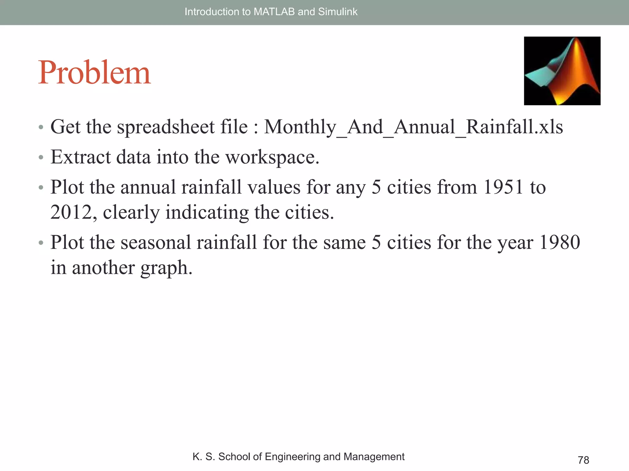 • Get the spreadsheet file : Monthly_And_Annual_Rainfall.xls
• Extract data into the workspace.
• Plot the annual rainfall values for any 5 cities from 1951 to
2012, clearly indicating the cities.
• Plot the seasonal rainfall for the same 5 cities for the year 1980
in another graph.
Introduction to MATLAB and Simulink
K. S. School of Engineering and Management 78
Problem
 