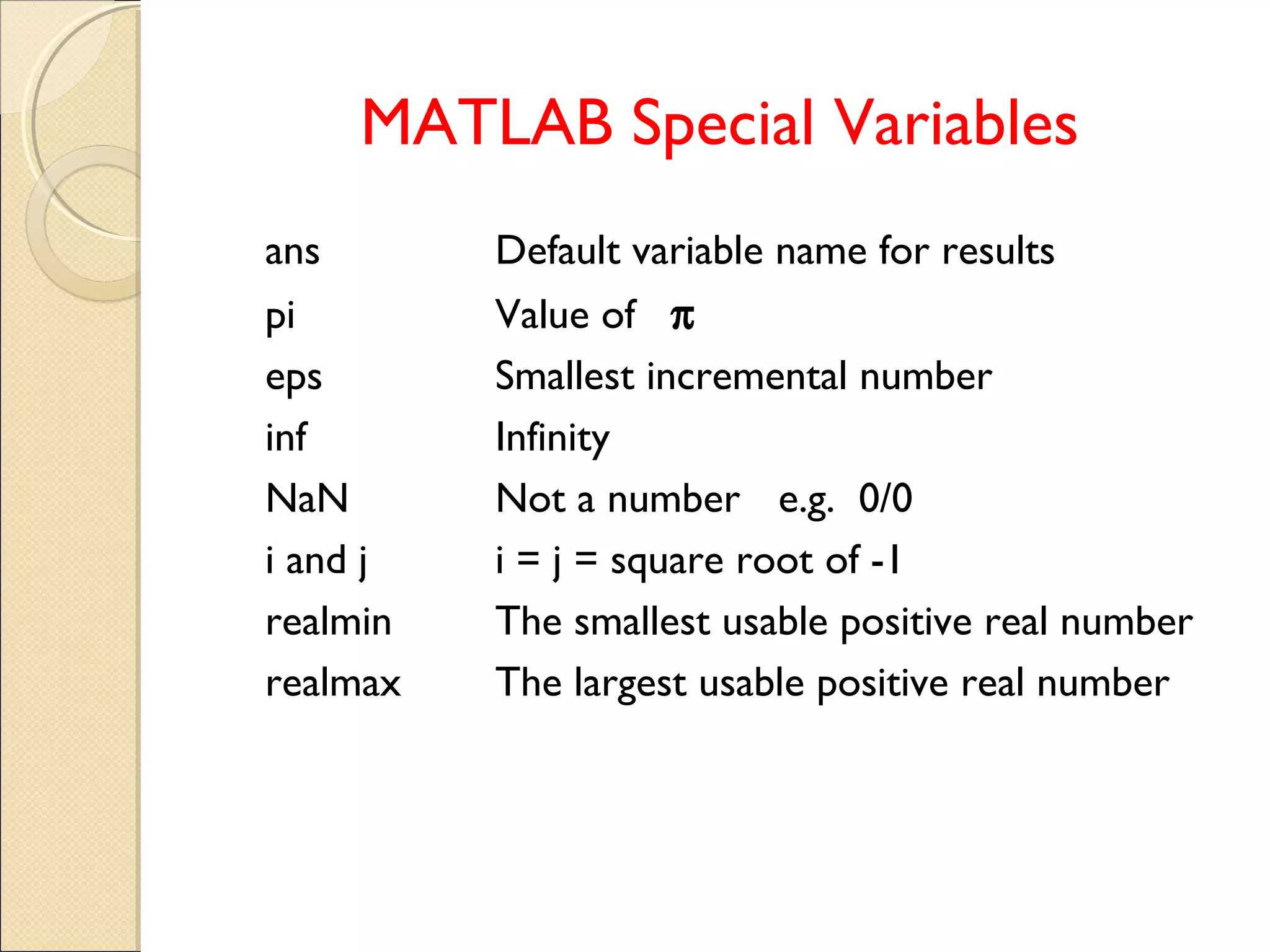 MATLAB Special Variables
ans Default variable name for results
pi Value of π
eps Smallest incremental number
inf Infinity
NaN Not a number e.g. 0/0
i and j i = j = square root of -1
realmin The smallest usable positive real number
realmax The largest usable positive real number
 