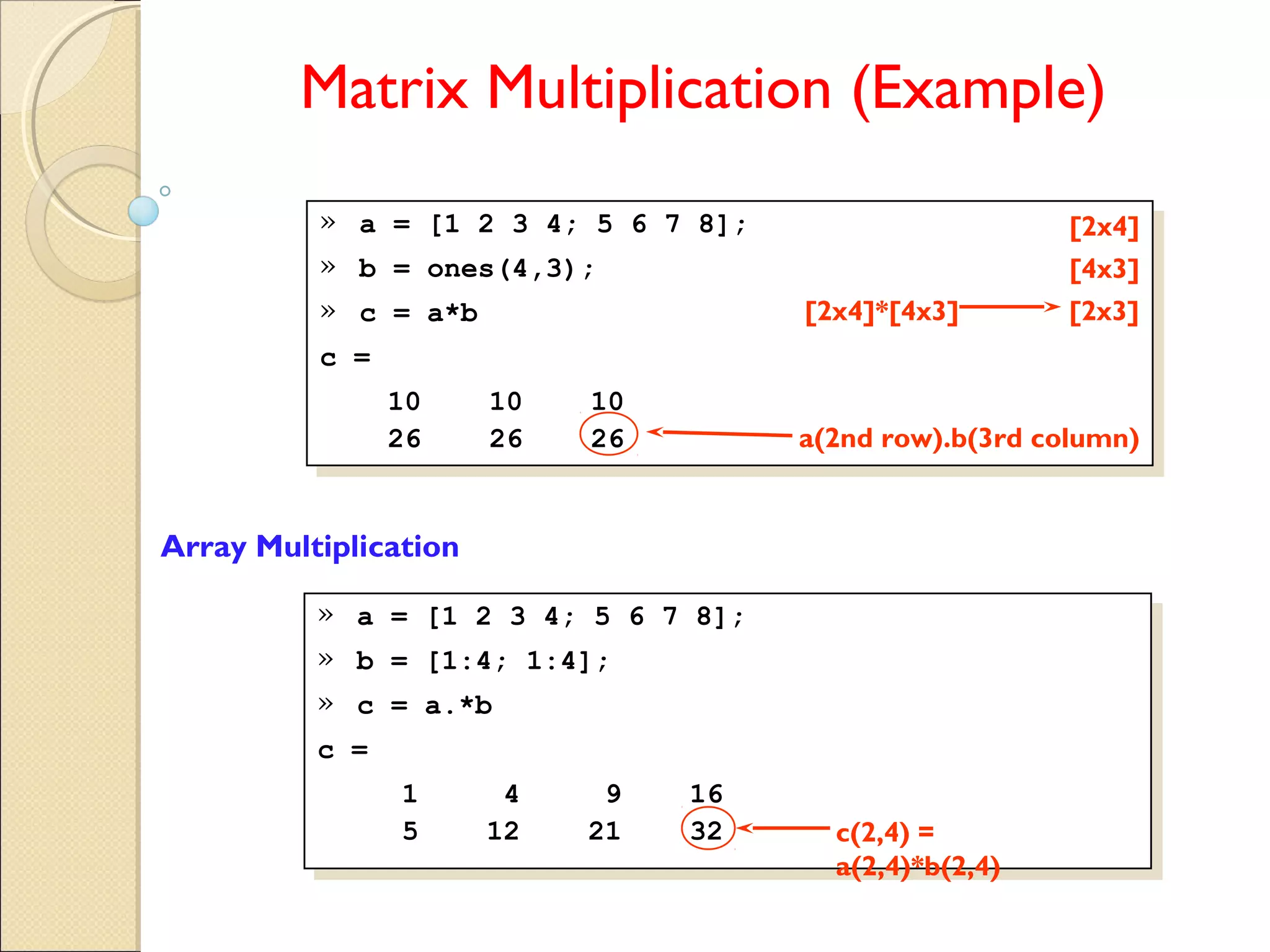 Matrix Multiplication (Example)
» a = [1 2 3 4; 5 6 7 8];
» b = ones(4,3);
» c = a*b
c =
10 10 10
26 26 26
» a = [1 2 3 4; 5 6 7 8];
» b = ones(4,3);
» c = a*b
c =
10 10 10
26 26 26
[2x4]
[4x3]
[2x4]*[4x3] [2x3]
a(2nd row).b(3rd column)
» a = [1 2 3 4; 5 6 7 8];
» b = [1:4; 1:4];
» c = a.*b
c =
1 4 9 16
5 12 21 32
» a = [1 2 3 4; 5 6 7 8];
» b = [1:4; 1:4];
» c = a.*b
c =
1 4 9 16
5 12 21 32 c(2,4) =
a(2,4)*b(2,4)
Array Multiplication
 