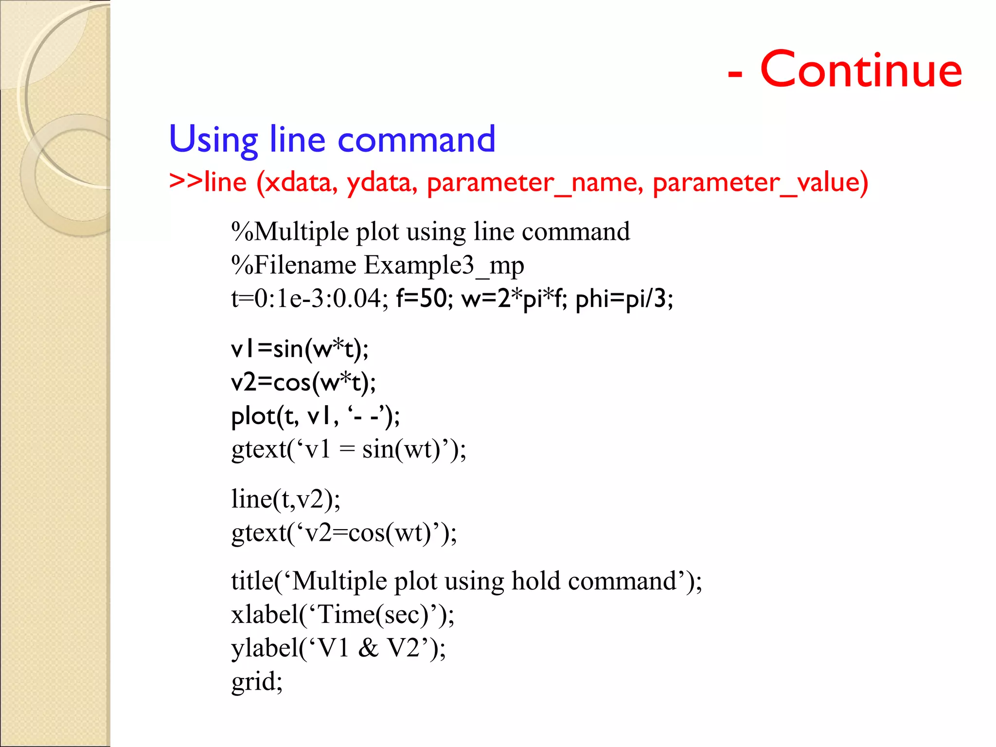- Continue
Using line command
>>line (xdata, ydata, parameter_name, parameter_value)
%Multiple plot using line command
%Filename Example3_mp
t=0:1e-3:0.04; f=50; w=2*pi*f; phi=pi/3;
v1=sin(w*t);
v2=cos(w*t);
plot(t, v1, ‘- -’);
gtext(‘v1 = sin(wt)’);
line(t,v2);
gtext(‘v2=cos(wt)’);
title(‘Multiple plot using hold command’);
xlabel(‘Time(sec)’);
ylabel(‘V1 & V2’);
grid;
 