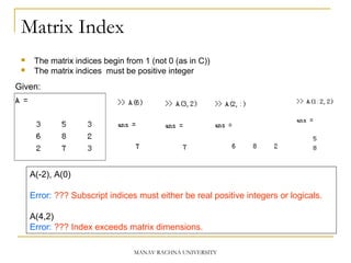 Matrix Index
 The matrix indices begin from 1 (not 0 (as in C))
 The matrix indices must be positive integer
Given:
A(-2), A(0)
Error: ??? Subscript indices must either be real positive integers or logicals.
A(4,2)
Error: ??? Index exceeds matrix dimensions.
MANAV RACHNA UNIVERSITY
 