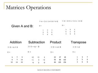Matrices Operations
Given A and B:
Addition Subtraction Product Transpose
MANAV RACHNA UNIVERSITY
 