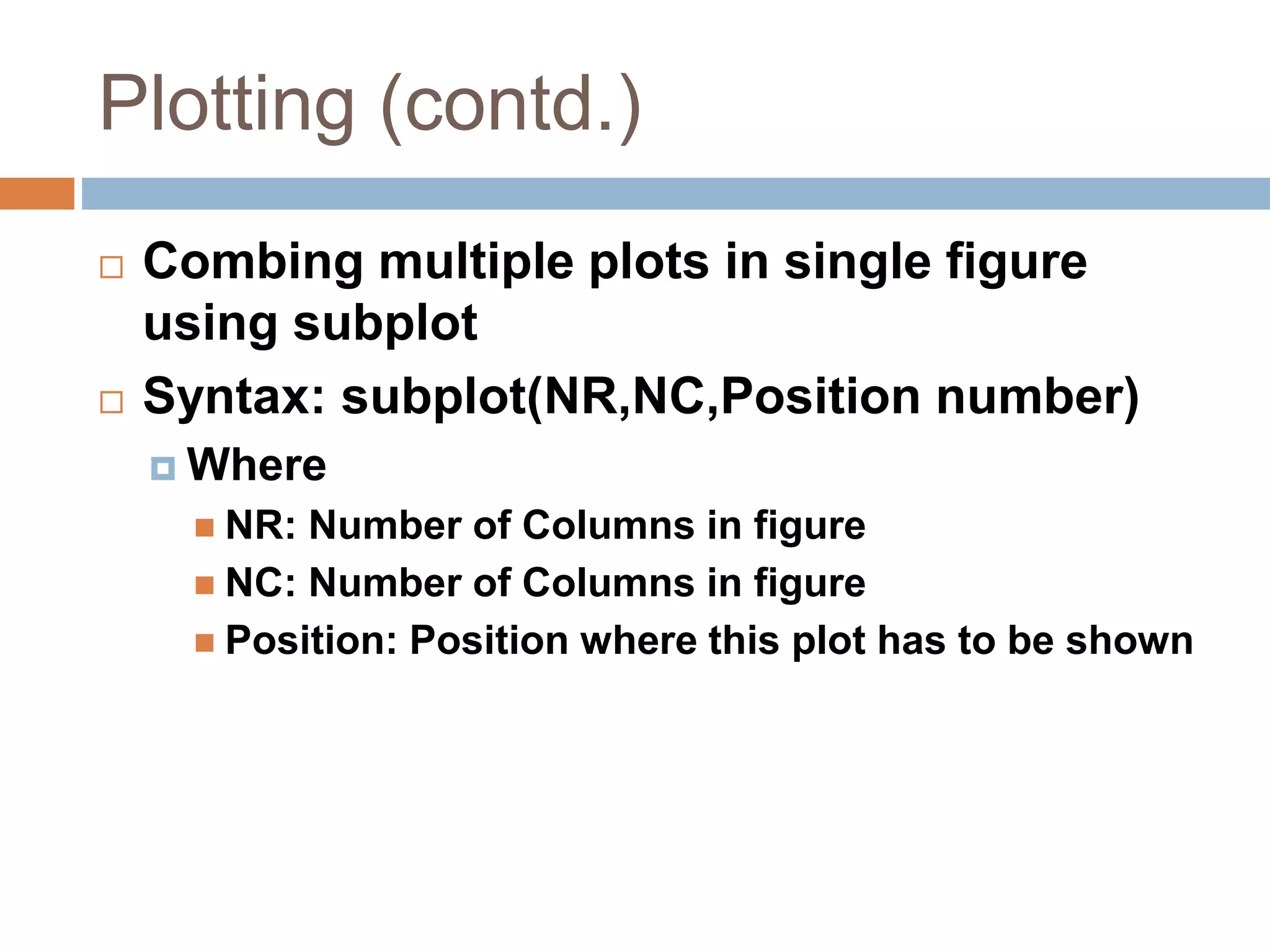 Plotting (contd.)
 Combing multiple plots in single figure
using subplot
 Syntax: subplot(NR,NC,Position number)
 Where
 NR: Number of Columns in figure
 NC: Number of Columns in figure
 Position: Position where this plot has to be shown
 
