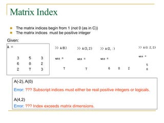 Matrix Index
■
■
The matrix indices begin from 1 (not 0 (as in C))
The matrix indices must be positive integer
Given:
A(-2), A(0)
Error: ??? Subscript indices must either be real positive integers or logicals.
A(4,2)
Error: ??? Index exceeds matrix dimensions.
 