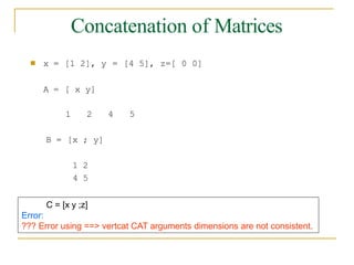 Concatenation of Matrices
■ x =
A =
[1 2], y
[ x y]
= [4 5], z=[ 0 0]
1 2 4 5
B = [x ; y]
1 2
4 5
C = [x y ;z]
Error:
??? Error using ==> vertcat CAT arguments dimensions are not consistent.
 
